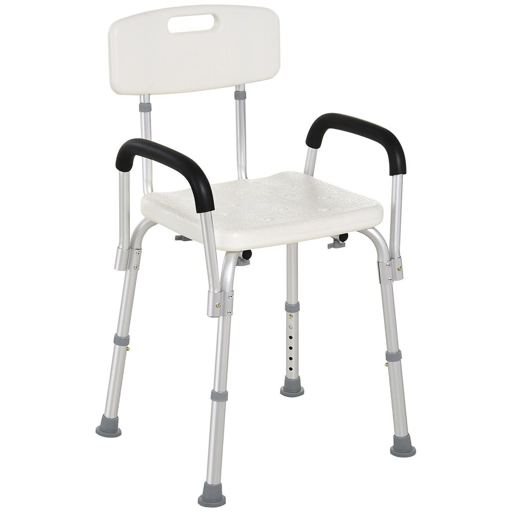 Silla de ducha blanca con respaldo y reposabrazos, patas ajustables.