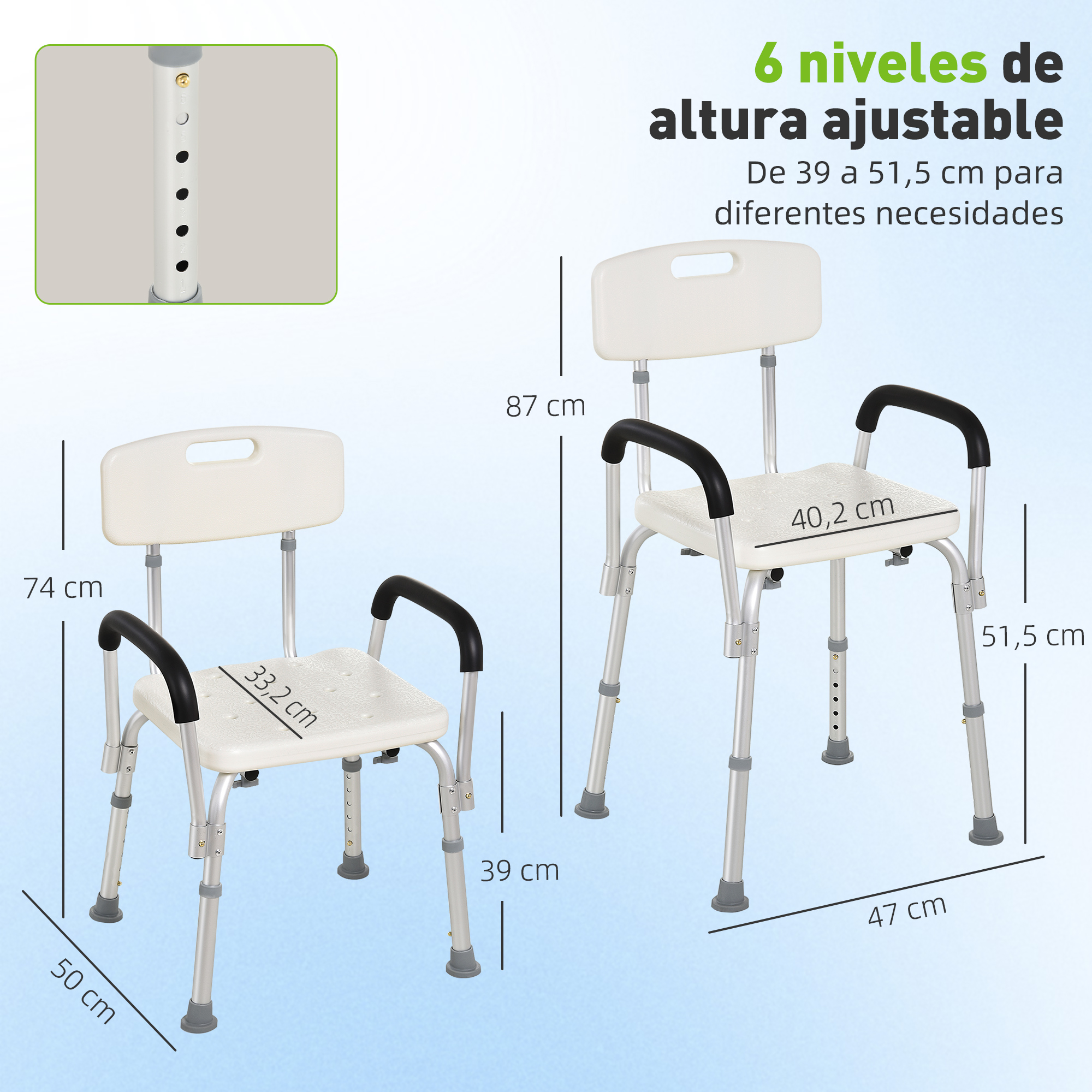 Dos sillas de ducha ajustables con reposabrazos y respaldo, con medidas.