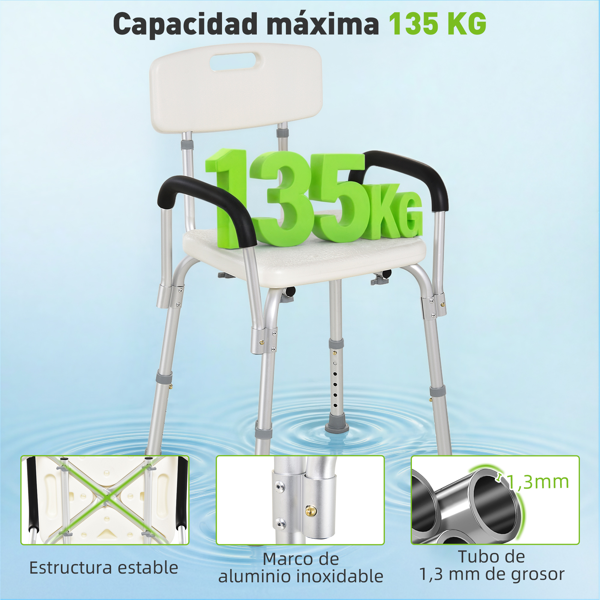 Silla de ducha con reposabrazos y respaldo, capacidad 135 kg.