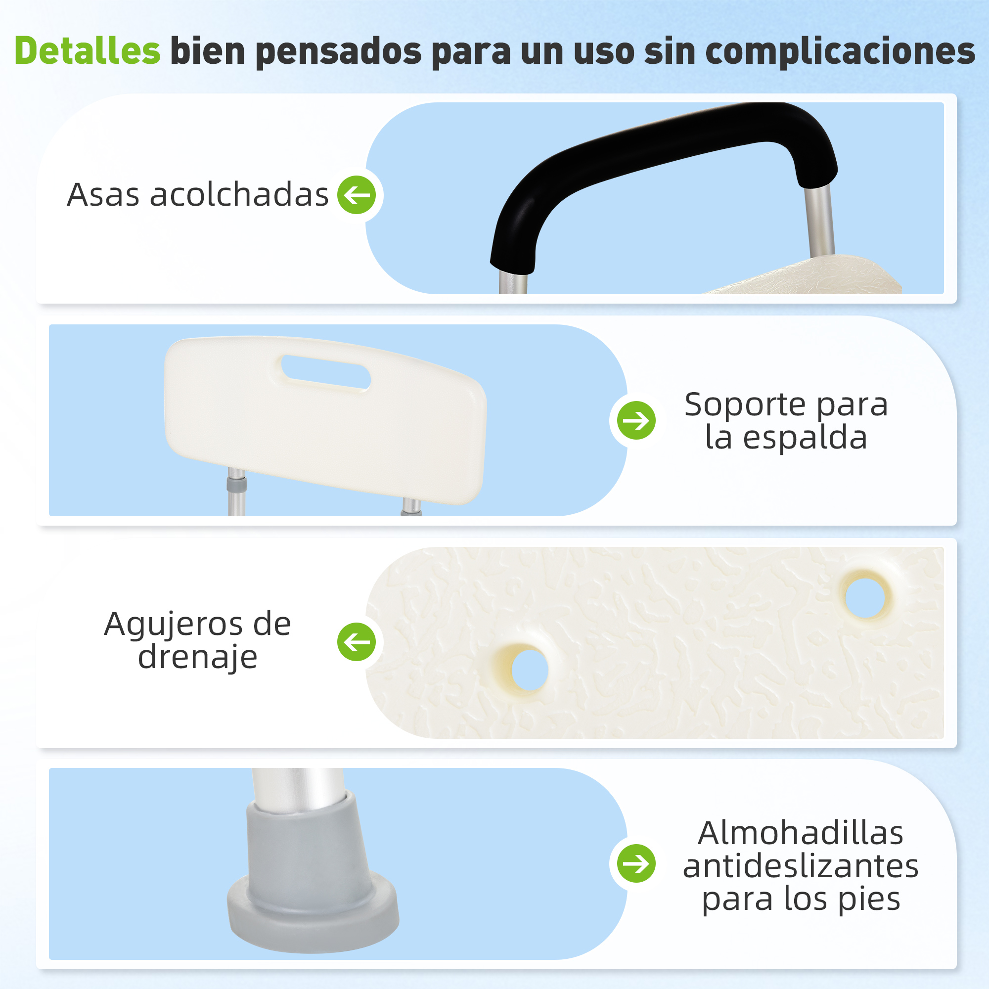 Imágenes de asas acolchadas, respaldo, agujeros de drenaje y pies antideslizantes.