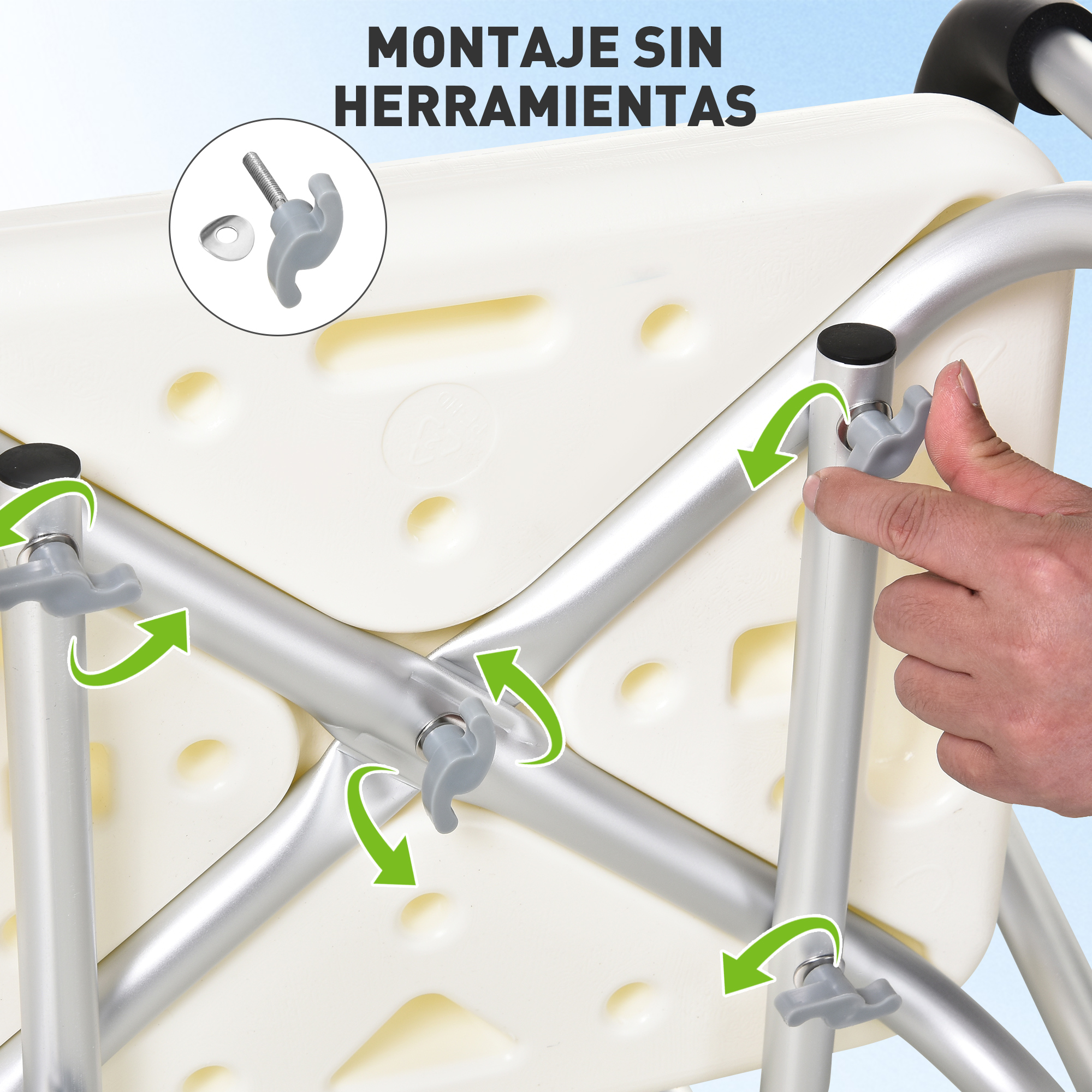 Una mano gira un pomo gris para montar un taburete de ducha blanco sin herramientas.