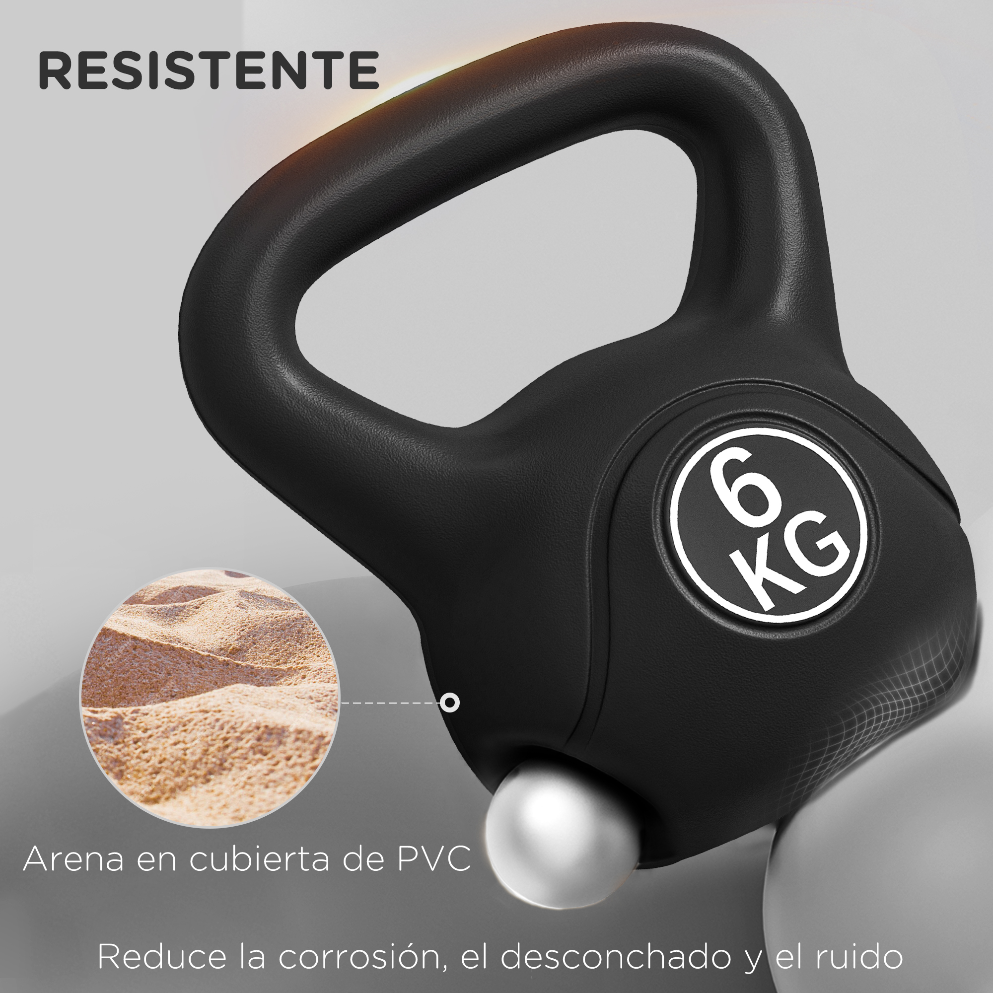Pesa rusa negra de 6 kg con extremo de mango plateado y texto.