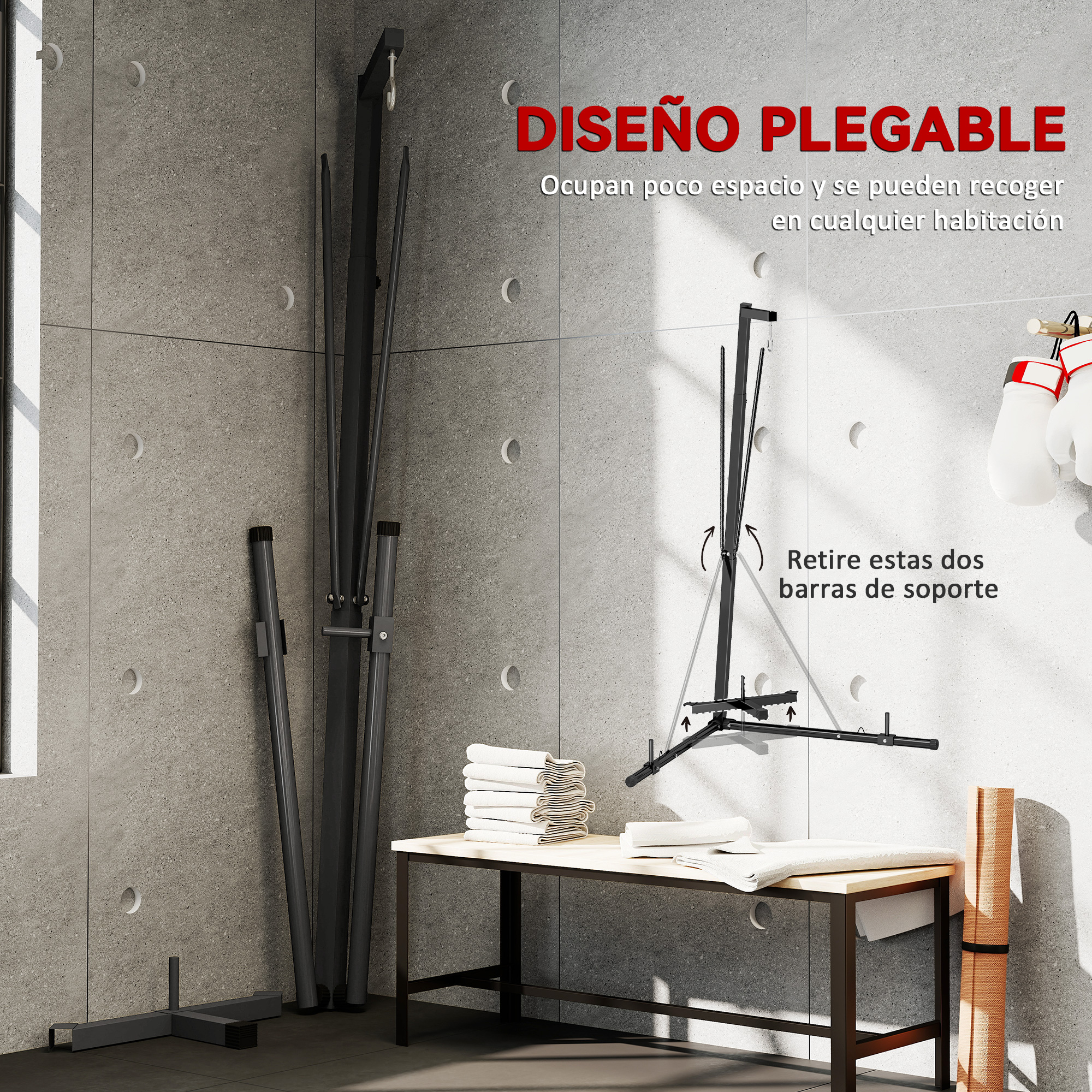 Equipo de entrenamiento plegable en una habitación con toallas y guantes.