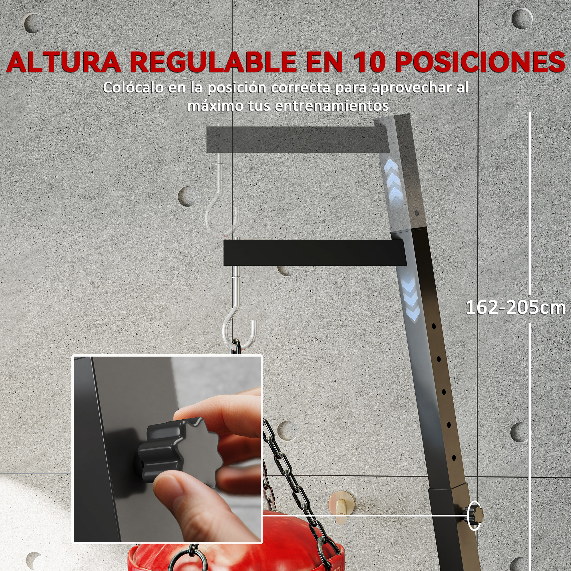 Altura regulable en 10 posiciones, 162-205cm. Una perilla ajusta la altura.