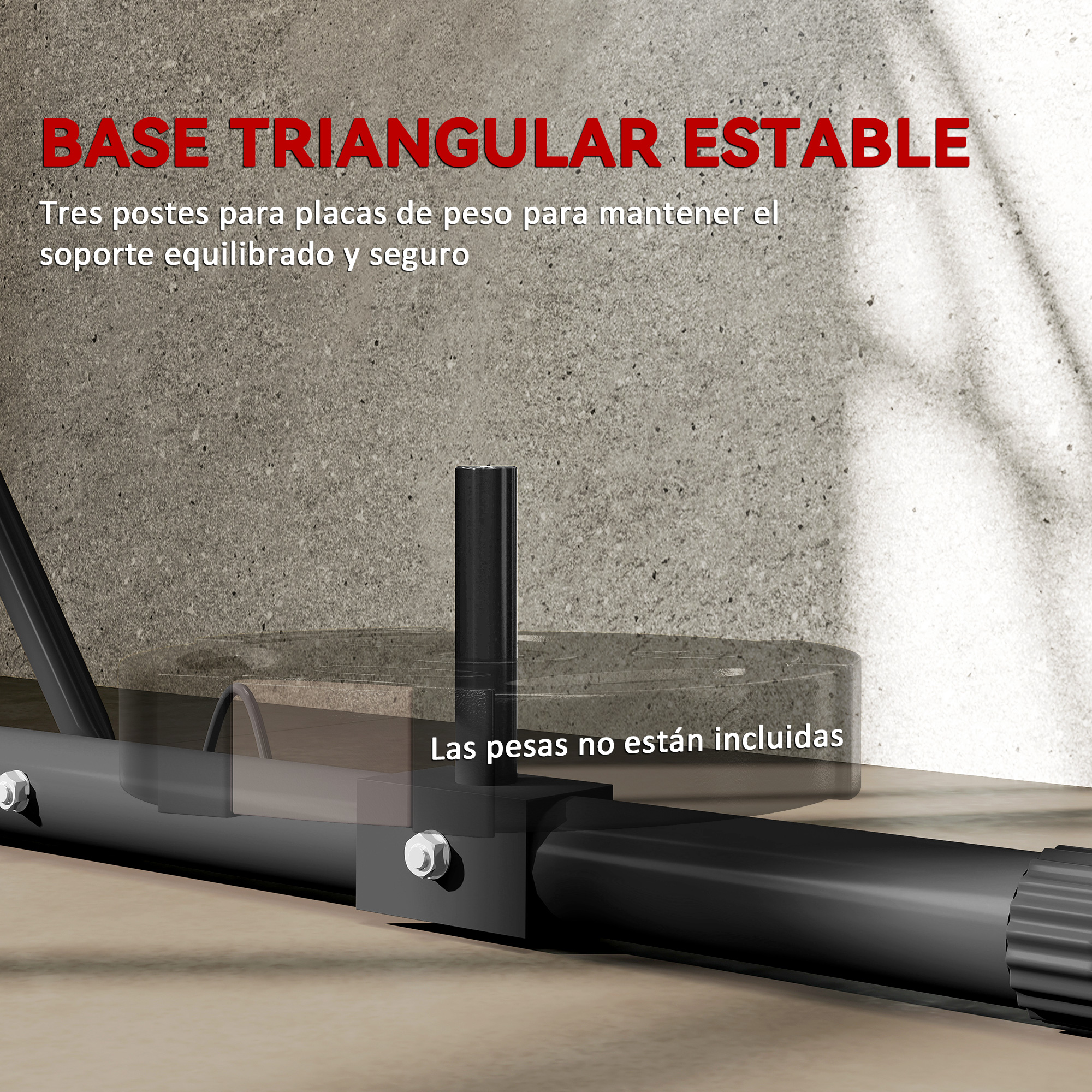 Base triangular estable con tres postes para pesas para soporte seguro.