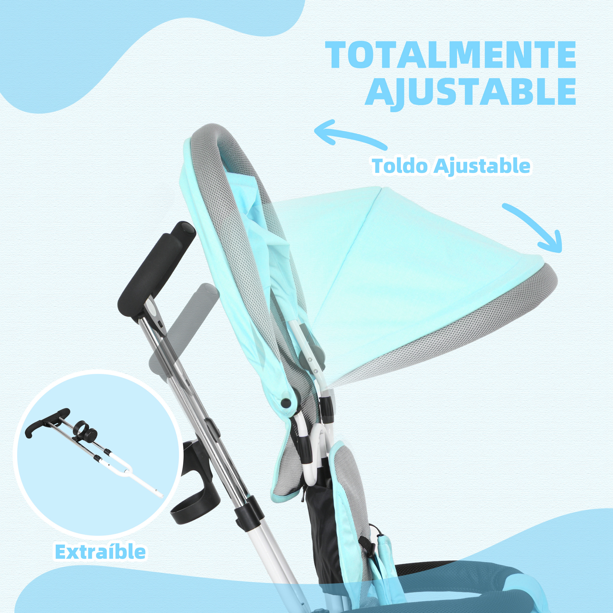 Un cochecito azul claro con toldo y asa ajustables.