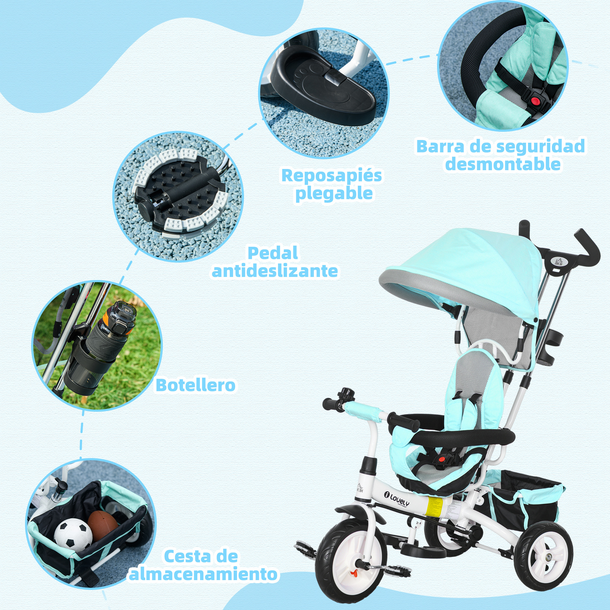 Triciclo turquesa y blanco para niños con barra de seguridad, reposapiés, portabotellas y cesta.