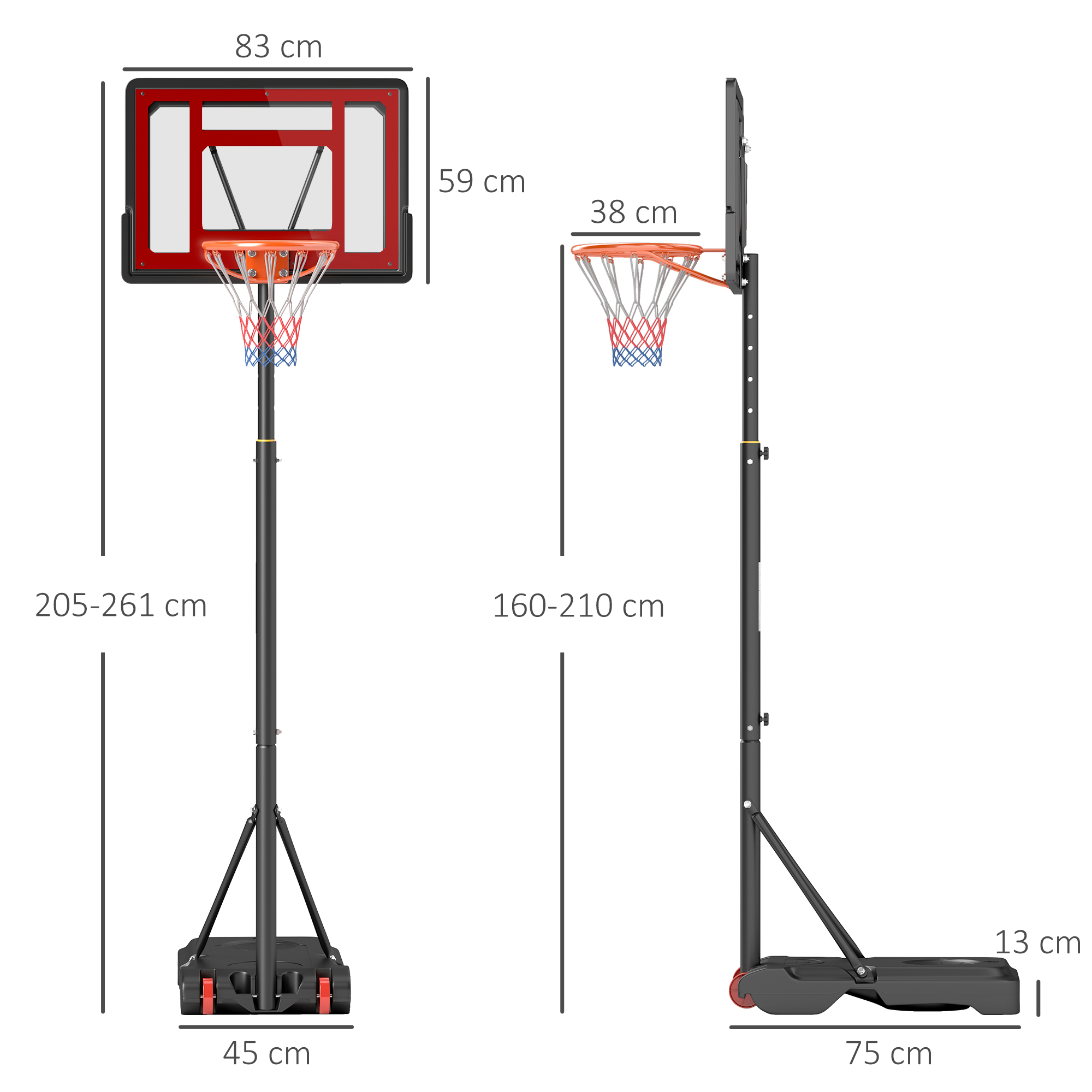 Una canasta de baloncesto ajustable con tablero y red rojos.