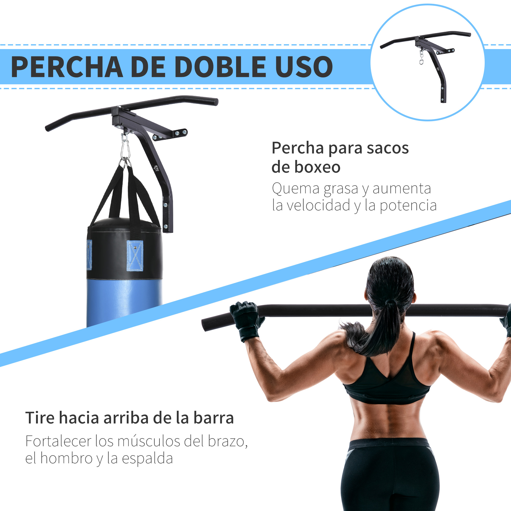 Barra de dominadas de doble uso con saco de boxeo para fuerza.