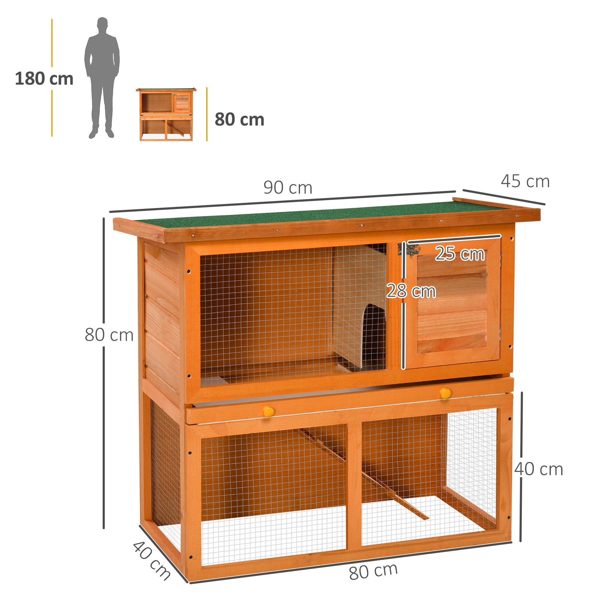 Conejera de madera de dos niveles con techo verde, dimensiones mostradas.