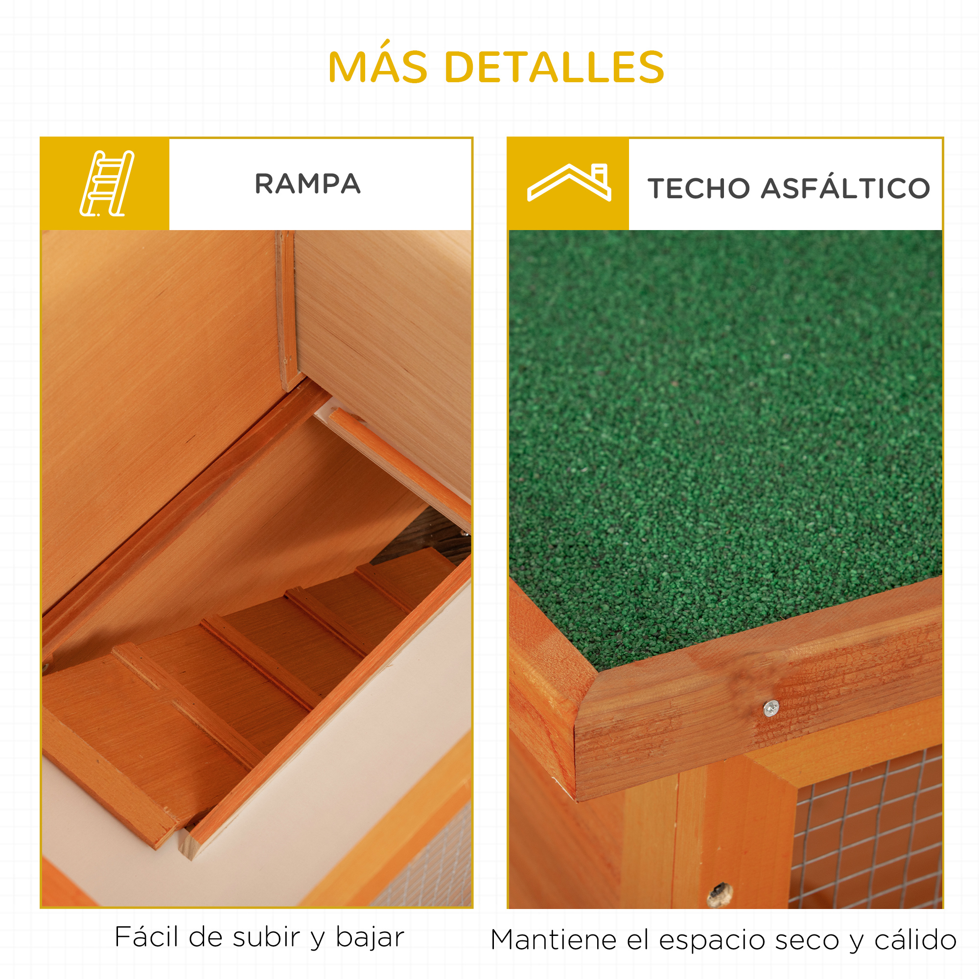 Vistas de detalle: Rampa de madera y techo de asfalto.