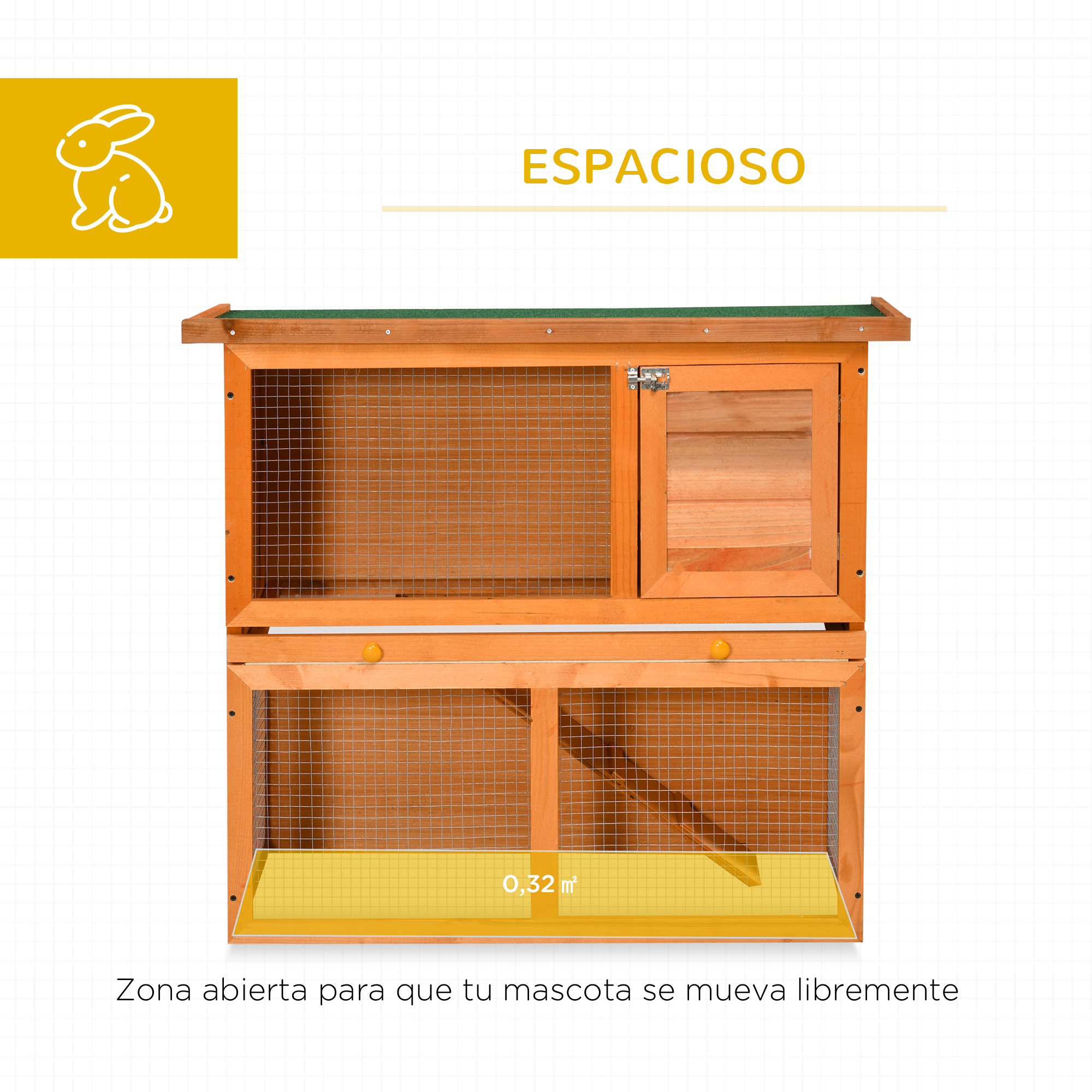 Una conejera de madera de dos niveles con puertas de malla y un área abierta.