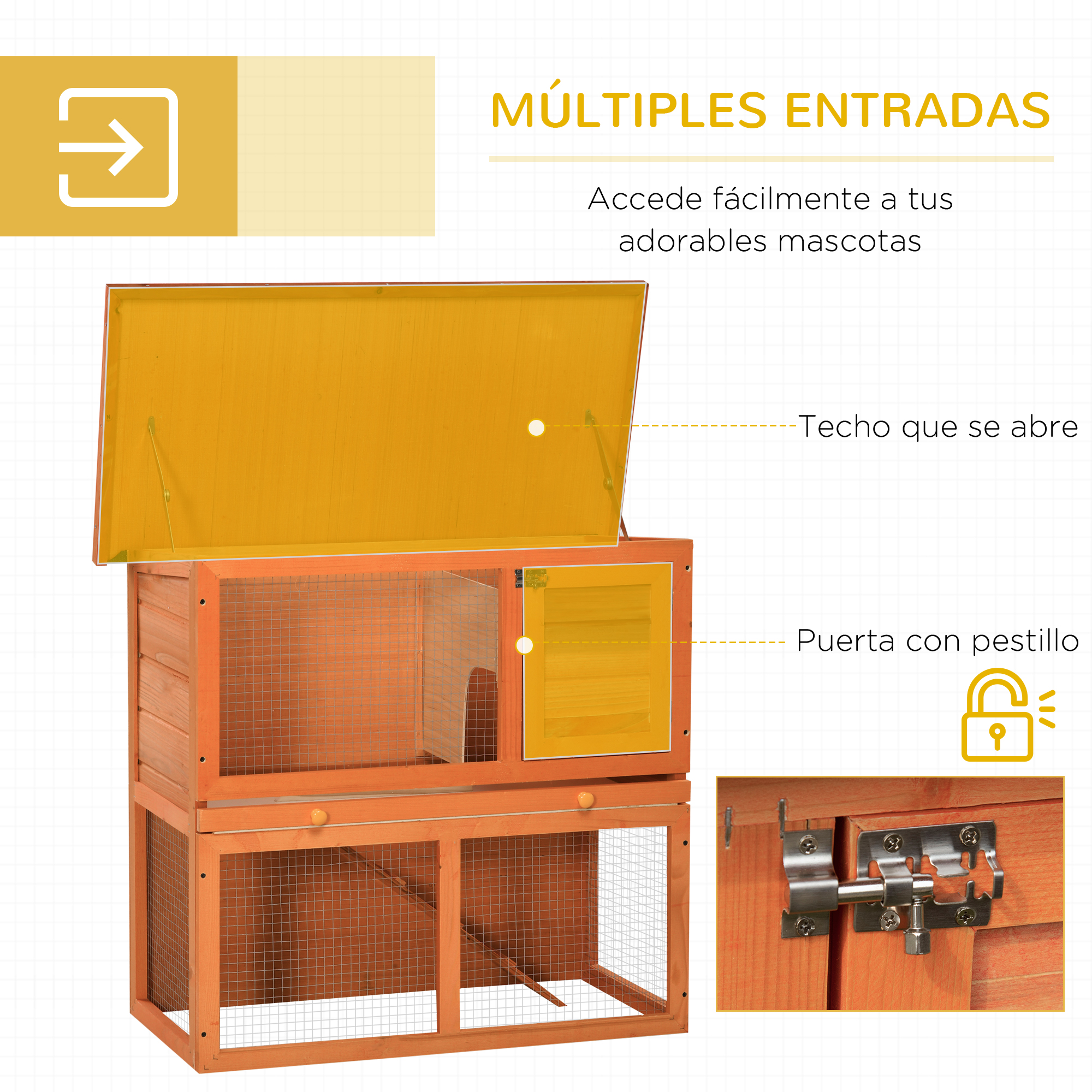 Un recinto de madera para mascotas con techo abierto y puerta.