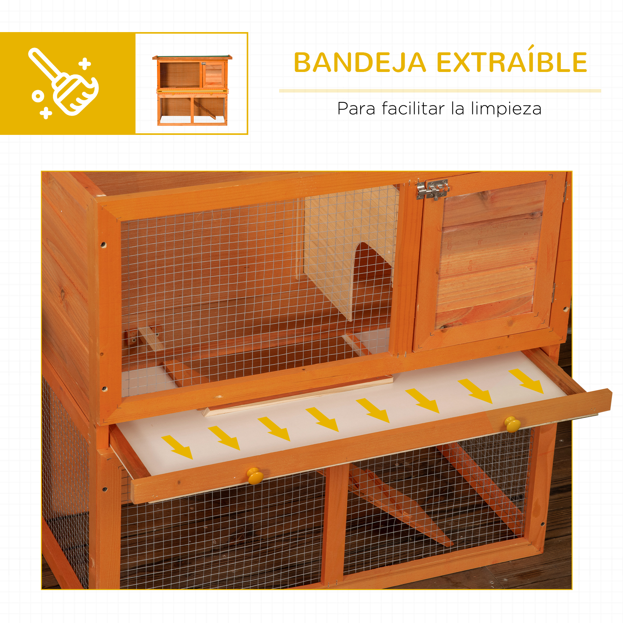 Conejera de madera con bandeja extraíble y flechas amarillas para fácil limpieza.
