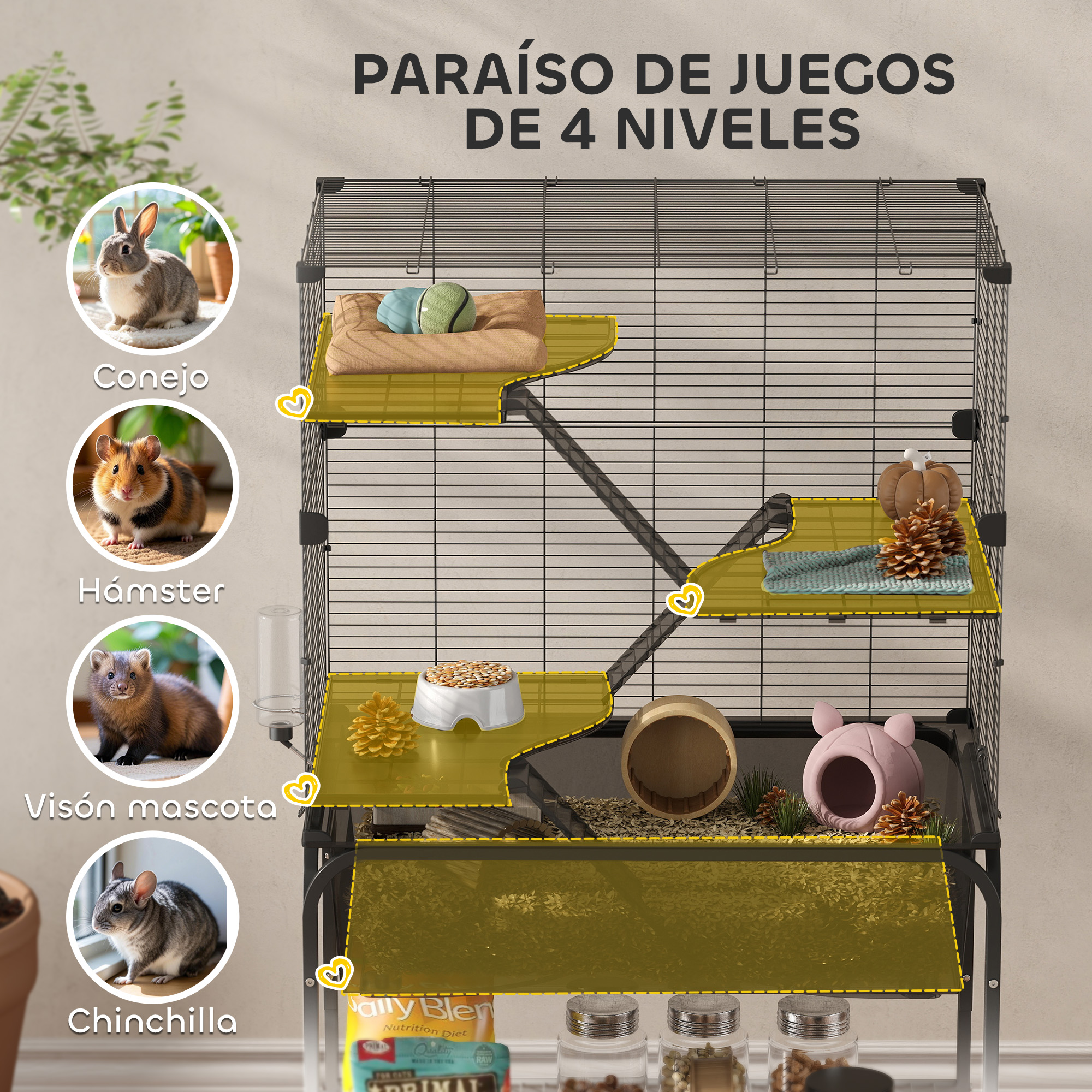 Jaula de 4 niveles con plataformas, comida, juguetes e imágenes de animales.