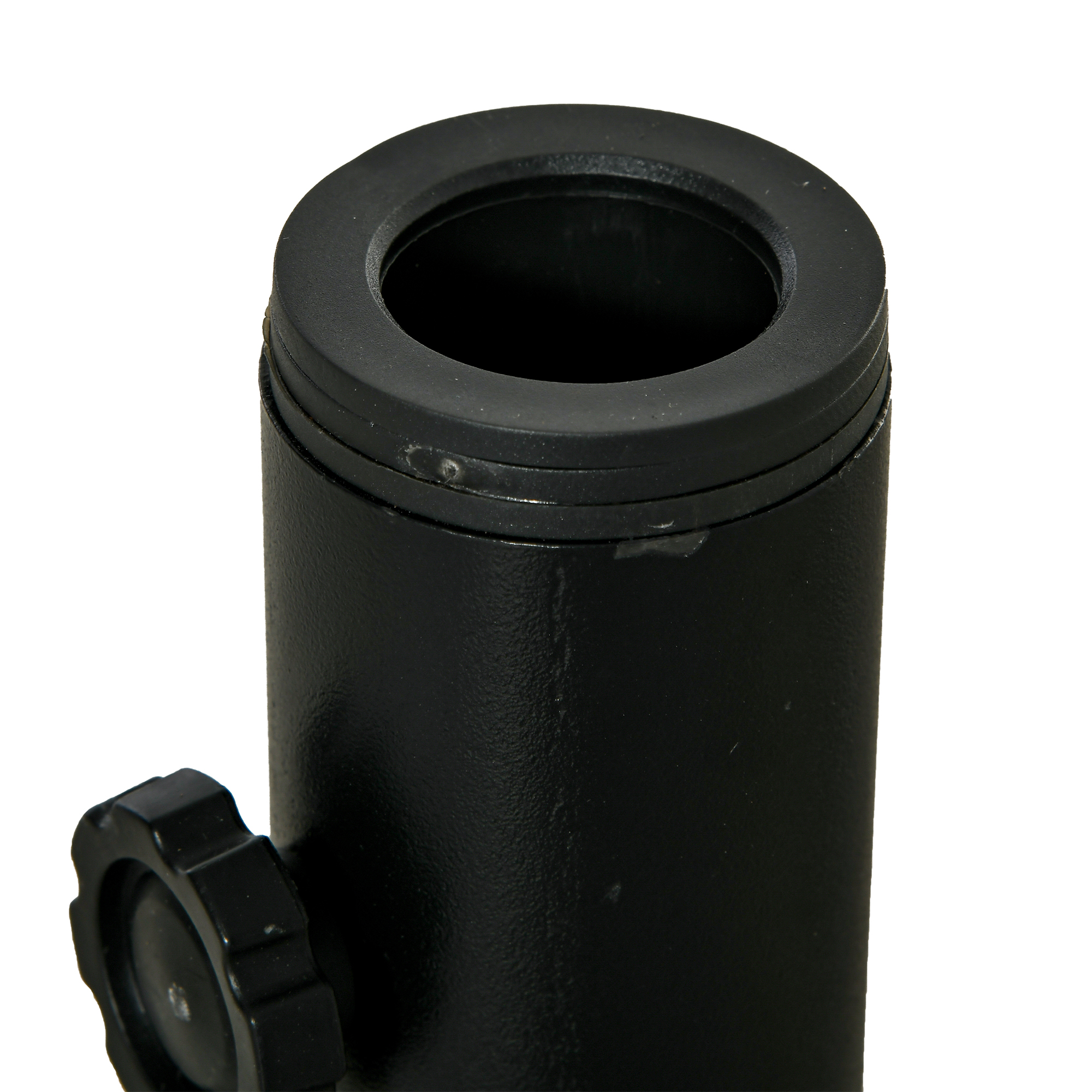 Cilindro metálico negro con tornillo moleteado y anillo de goma negro arriba.