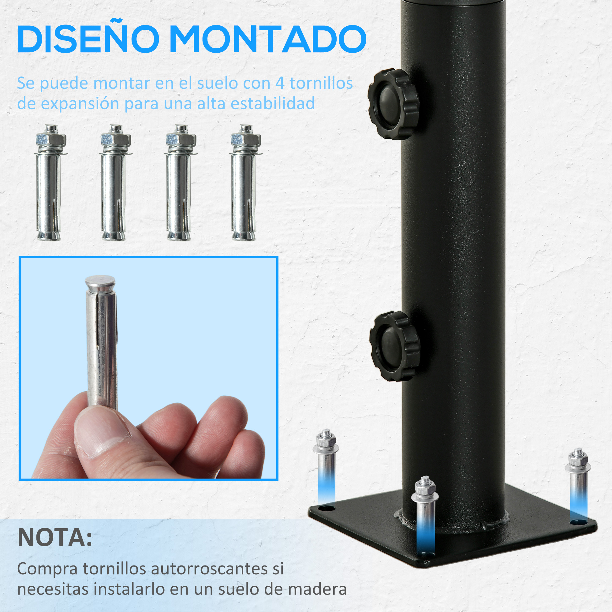Base negra con cuatro tornillos y una mano sosteniendo uno.