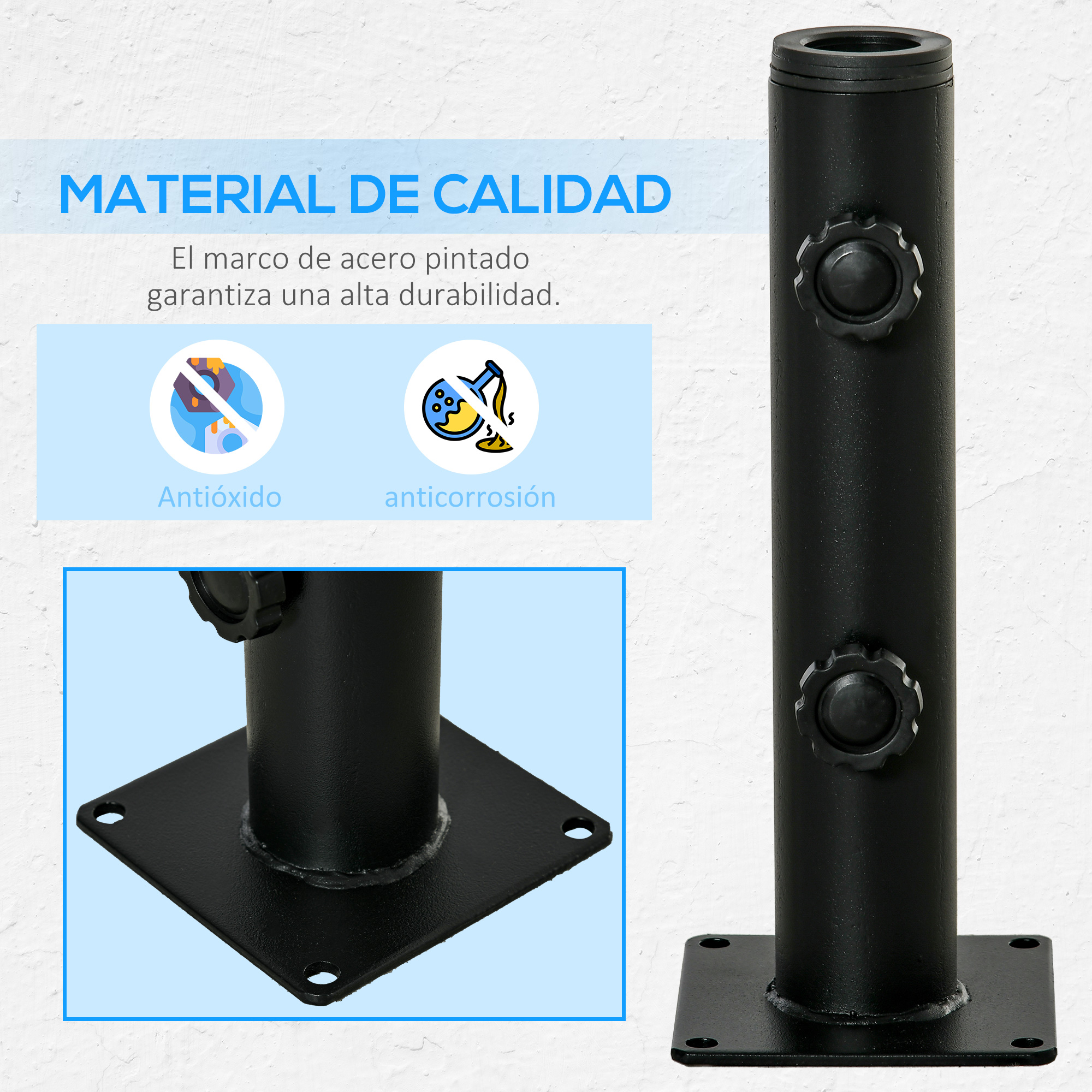 Soporte metálico negro con perillas, texto "Material de Calidad".