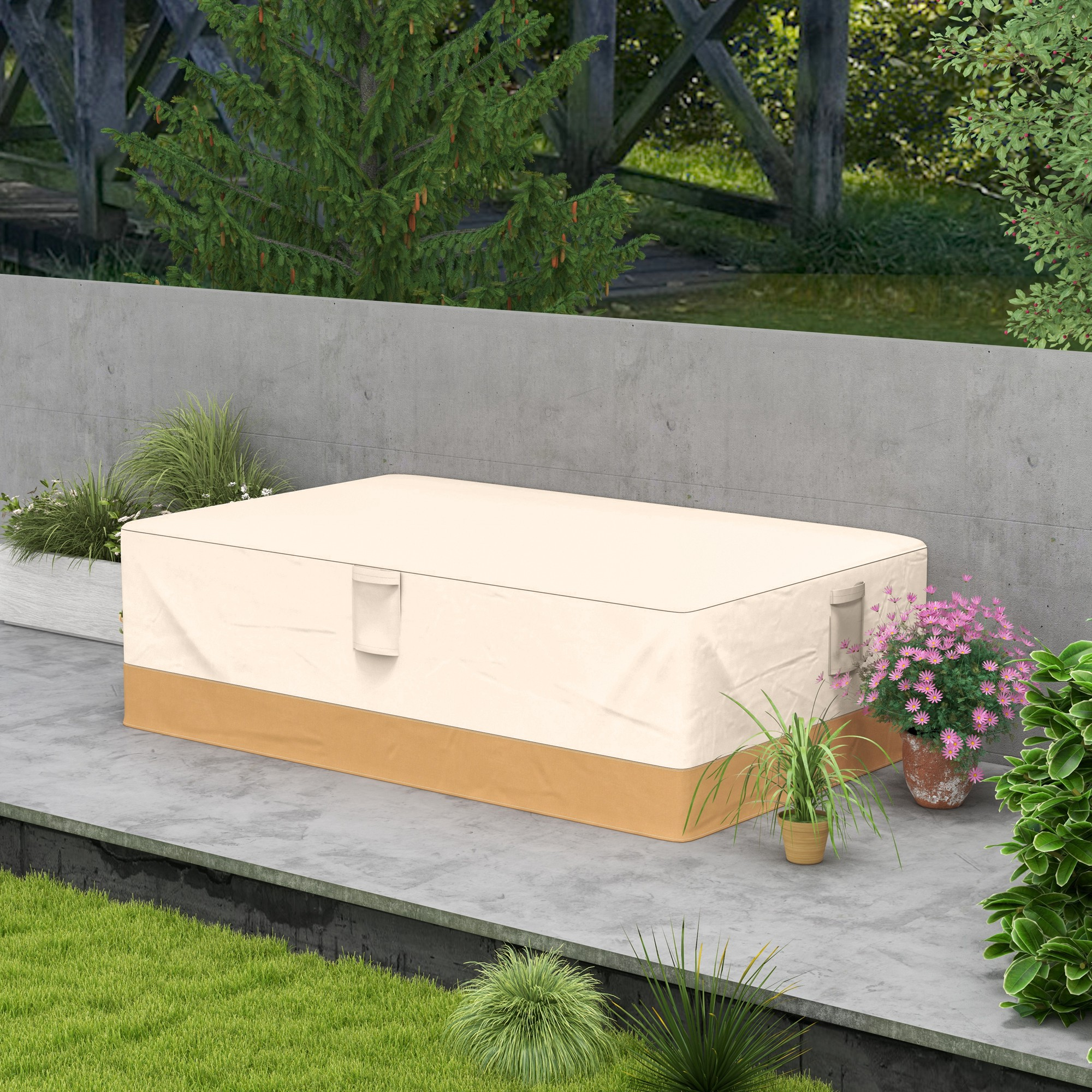 Una cubierta beige y tostada para muebles de exterior descansa sobre un patio de concreto.