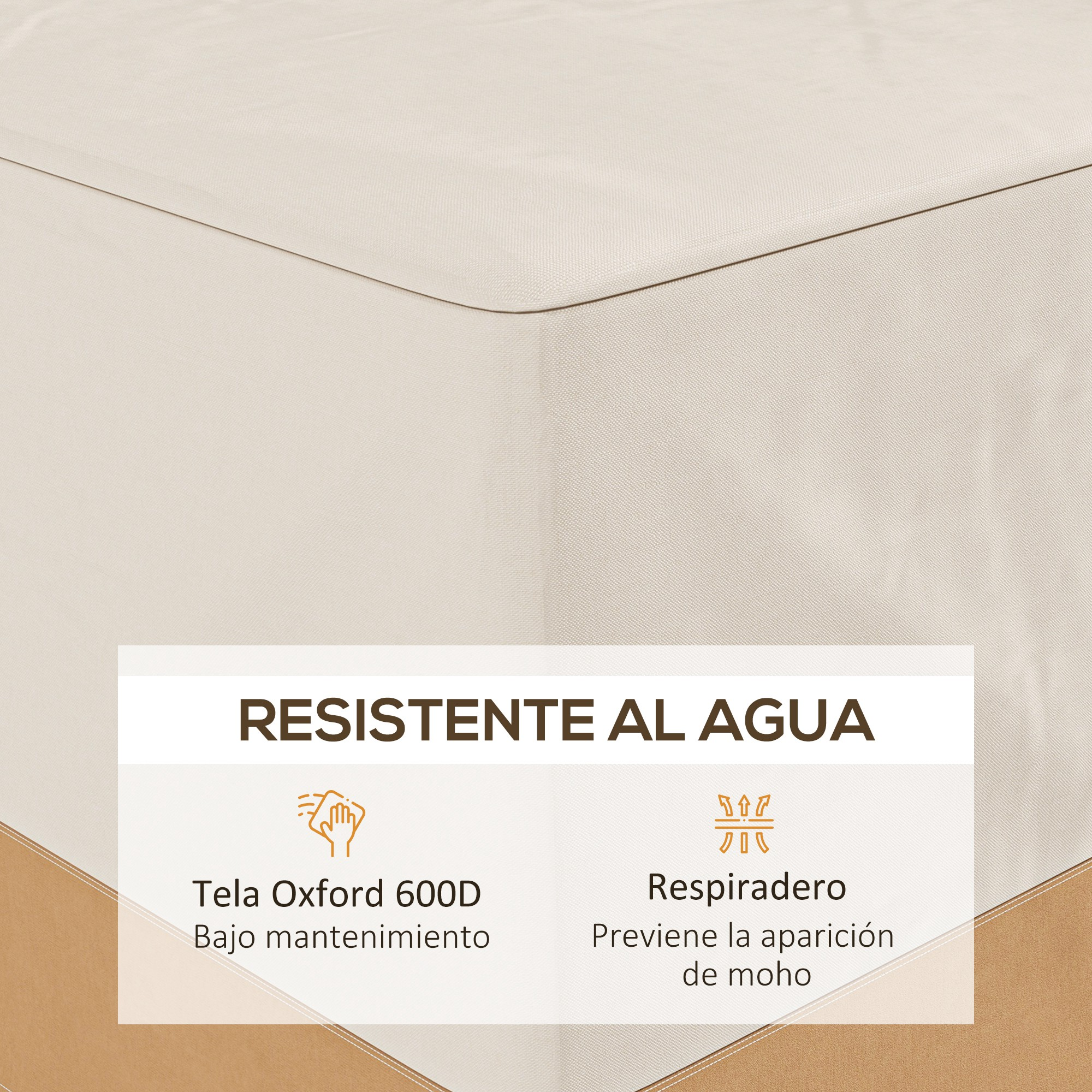 Superficie de tela beige con cuadros de texto: Resistente al agua, tela Oxford 600D, bajo mantenimiento.