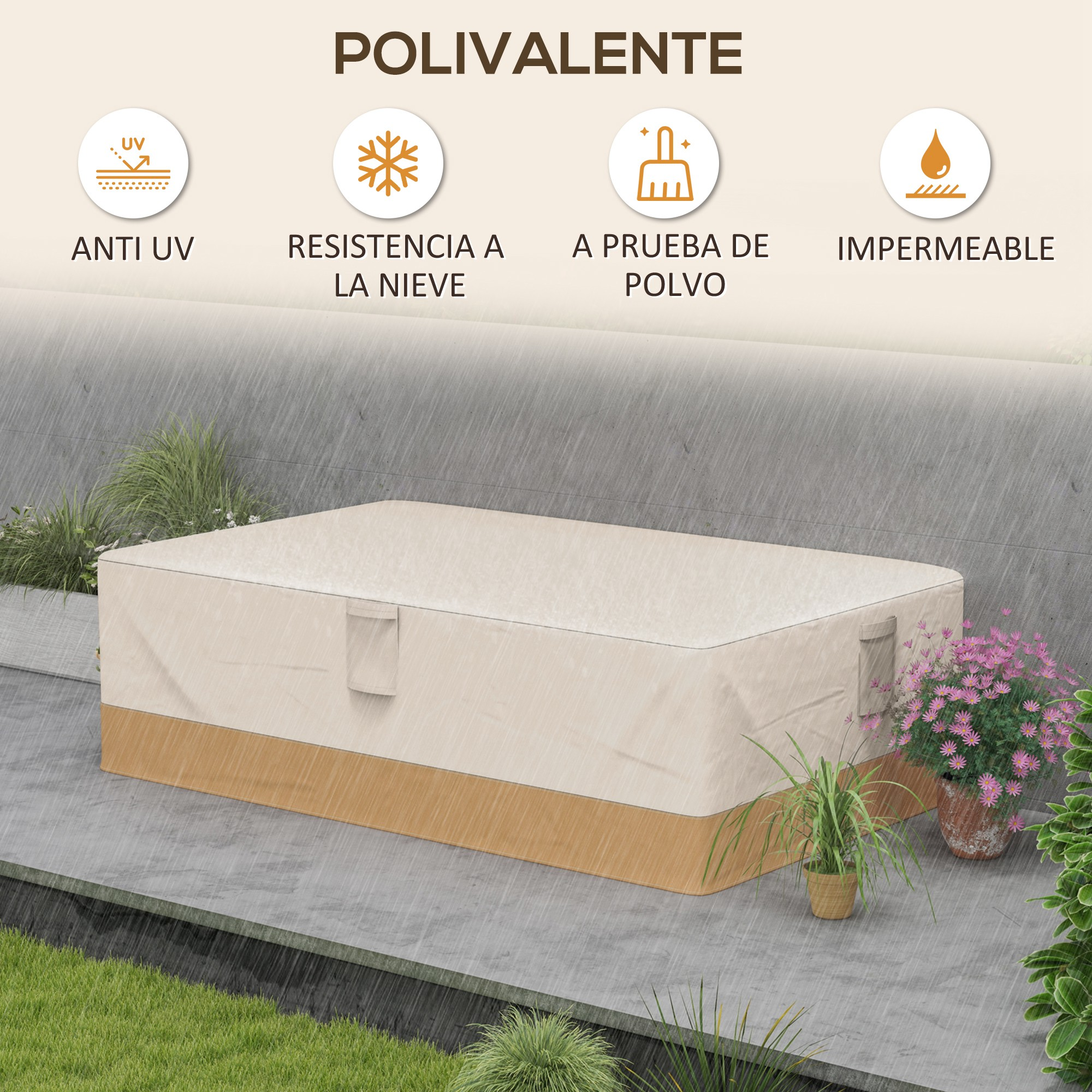 Una cubierta de muebles beige con base marrón, sobre hormigón, bajo la lluvia.