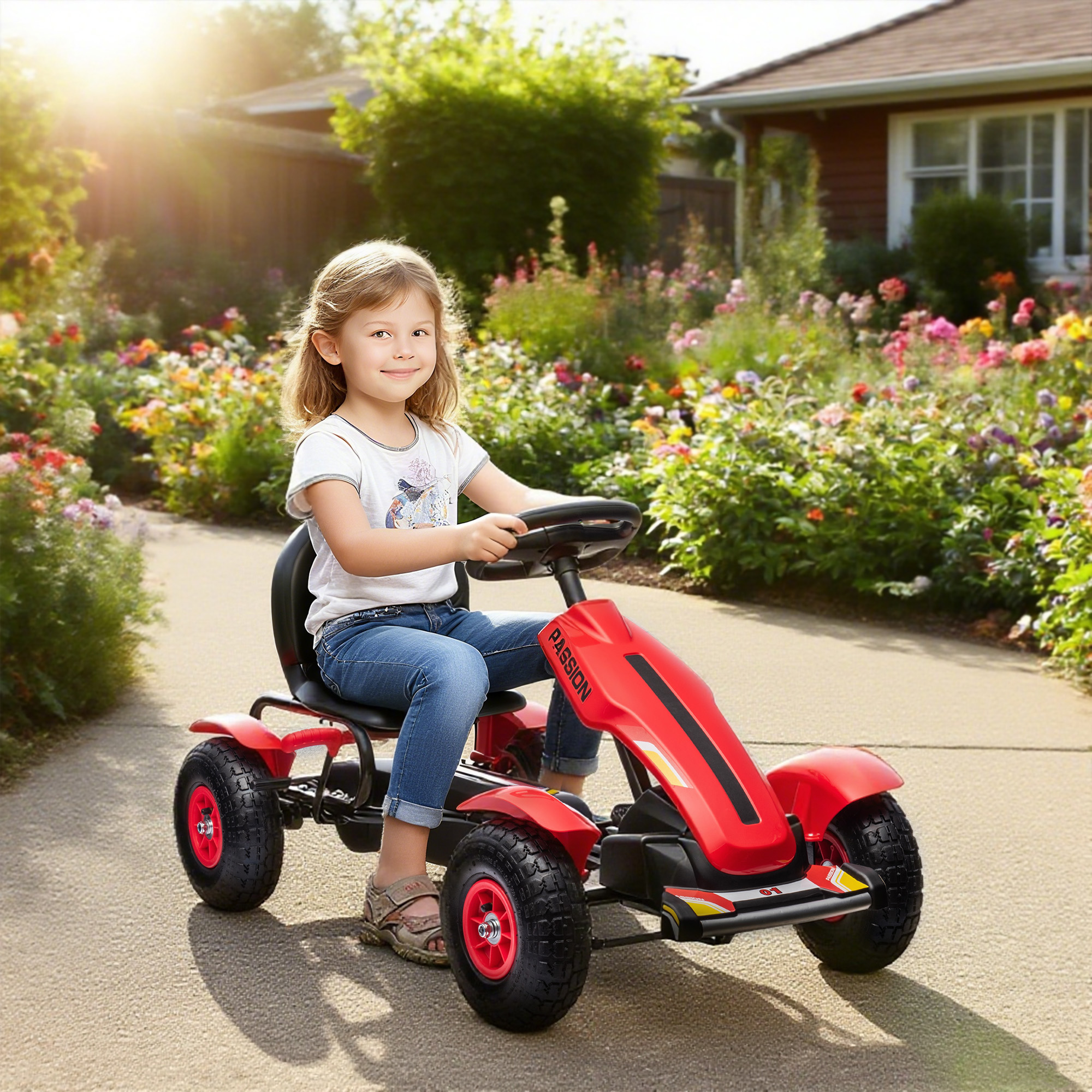 Una niña conduce un kart rojo por un camino junto a un jardín de flores.