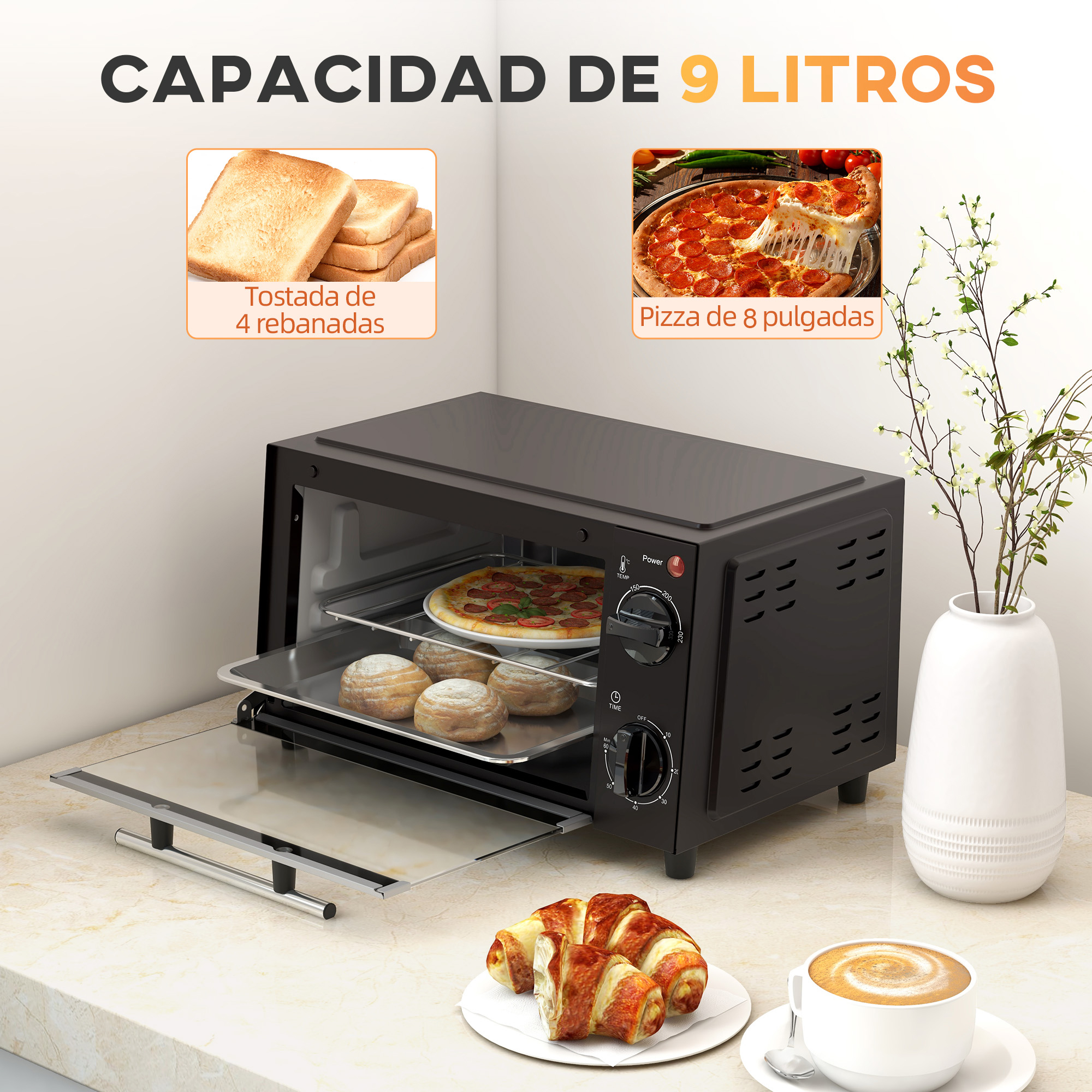 Horno pequeño con pizza y tostada, cruasanes y café cerca.