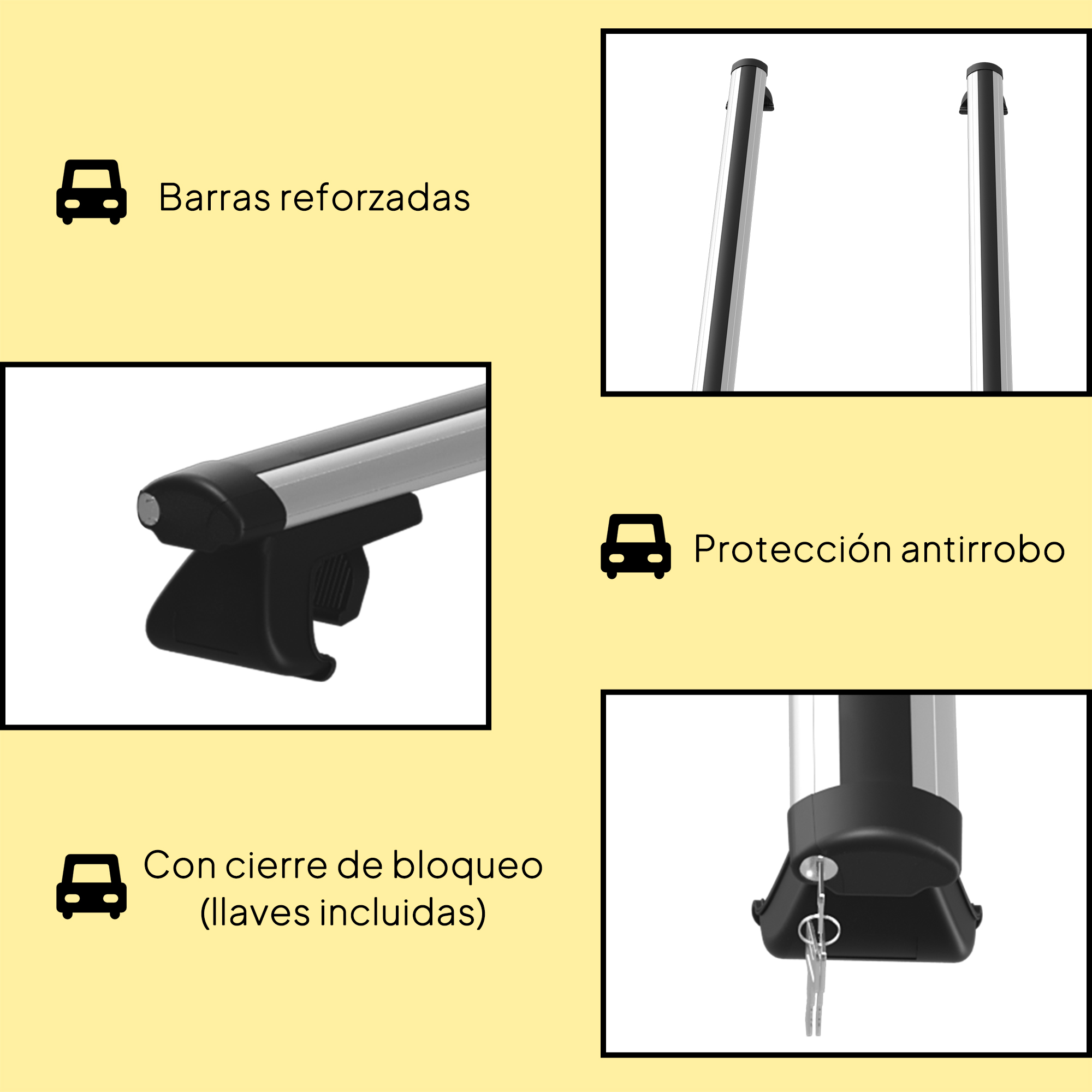 Dos barras de techo plateadas con fijaciones negras, mecanismo de bloqueo con llaves.