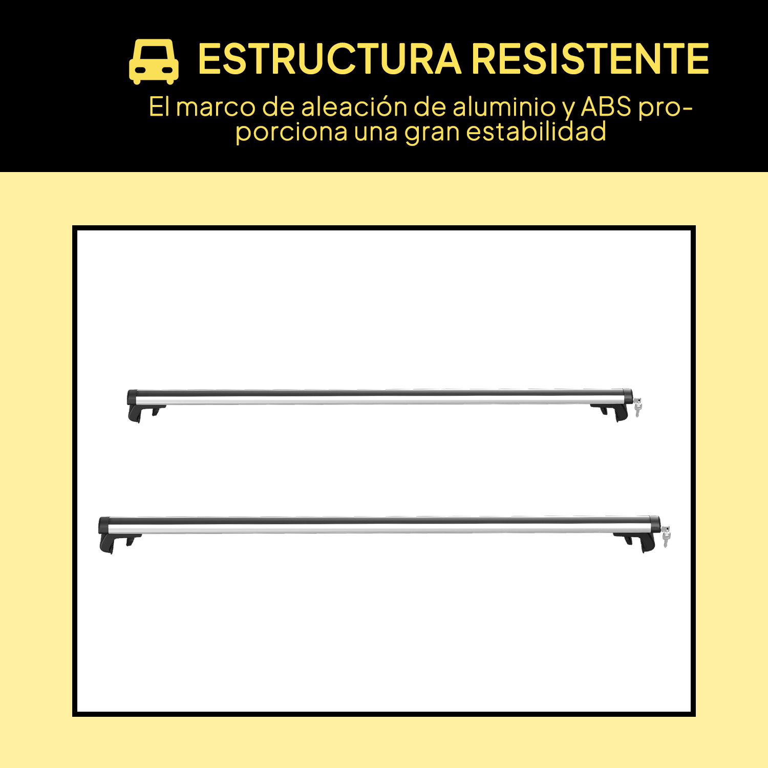 Dos barras de techo plateadas con soportes negros y llaves.