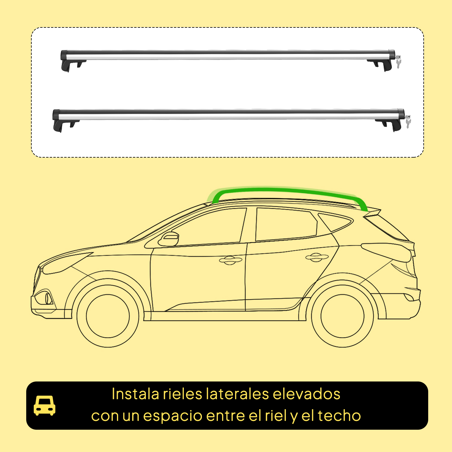 Dos portaequipajes plateados con llaves sobre un dibujo de coche.