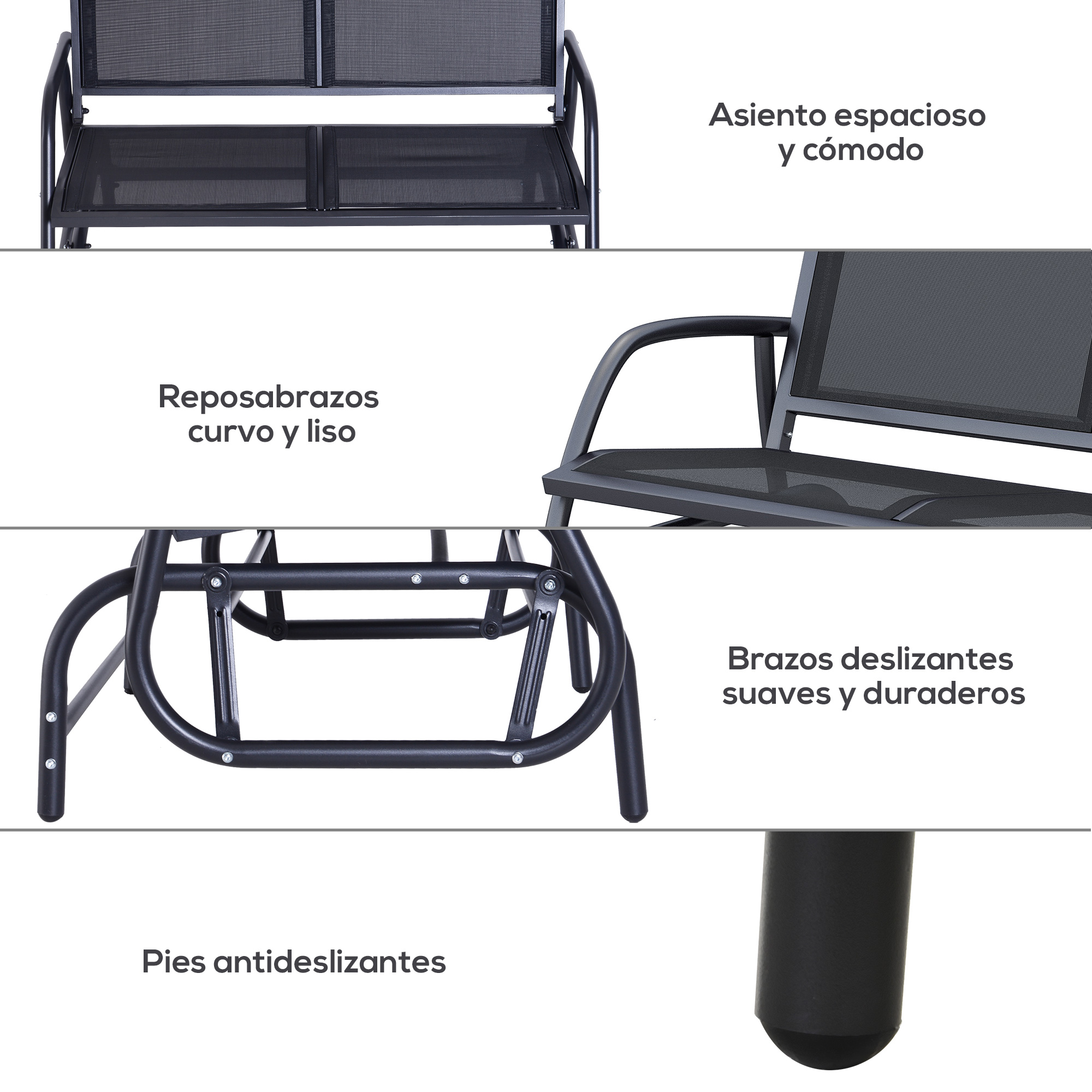 Un asiento de columpio negro con tela de malla y vistas detalladas.