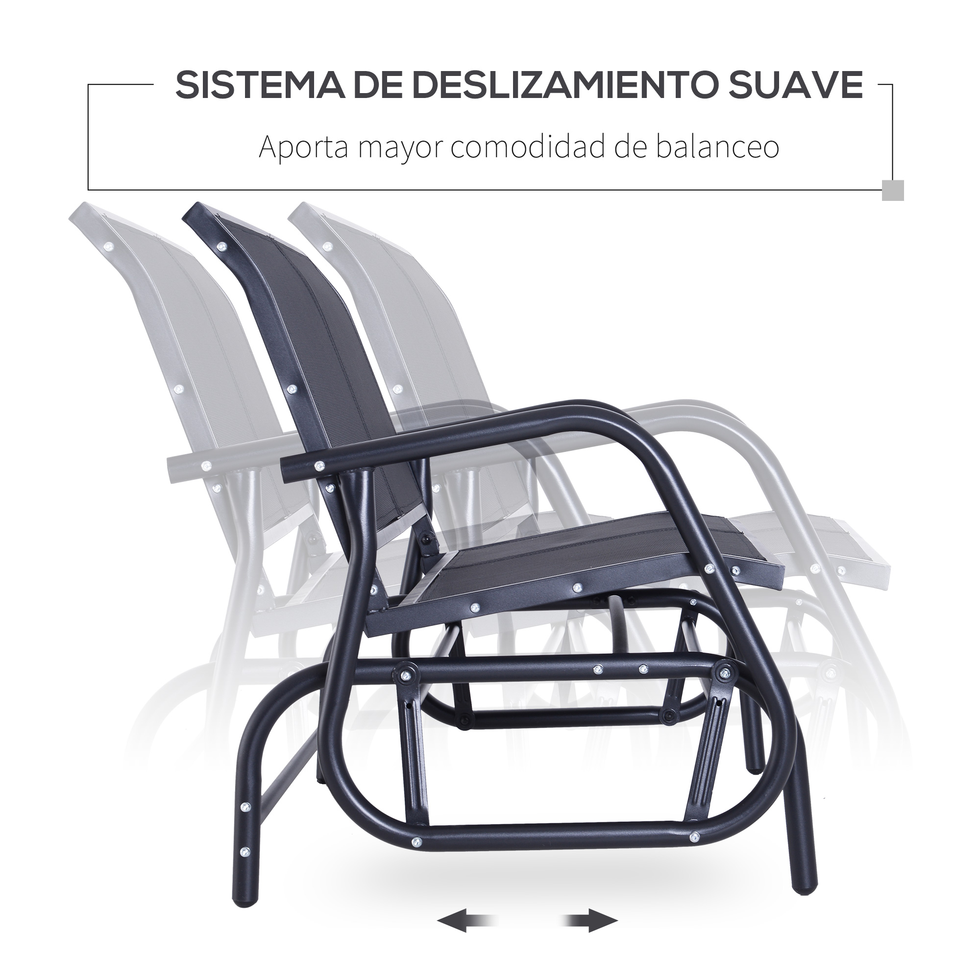 Un sillón mecedor negro con imágenes fantasma para mostrar su movimiento.