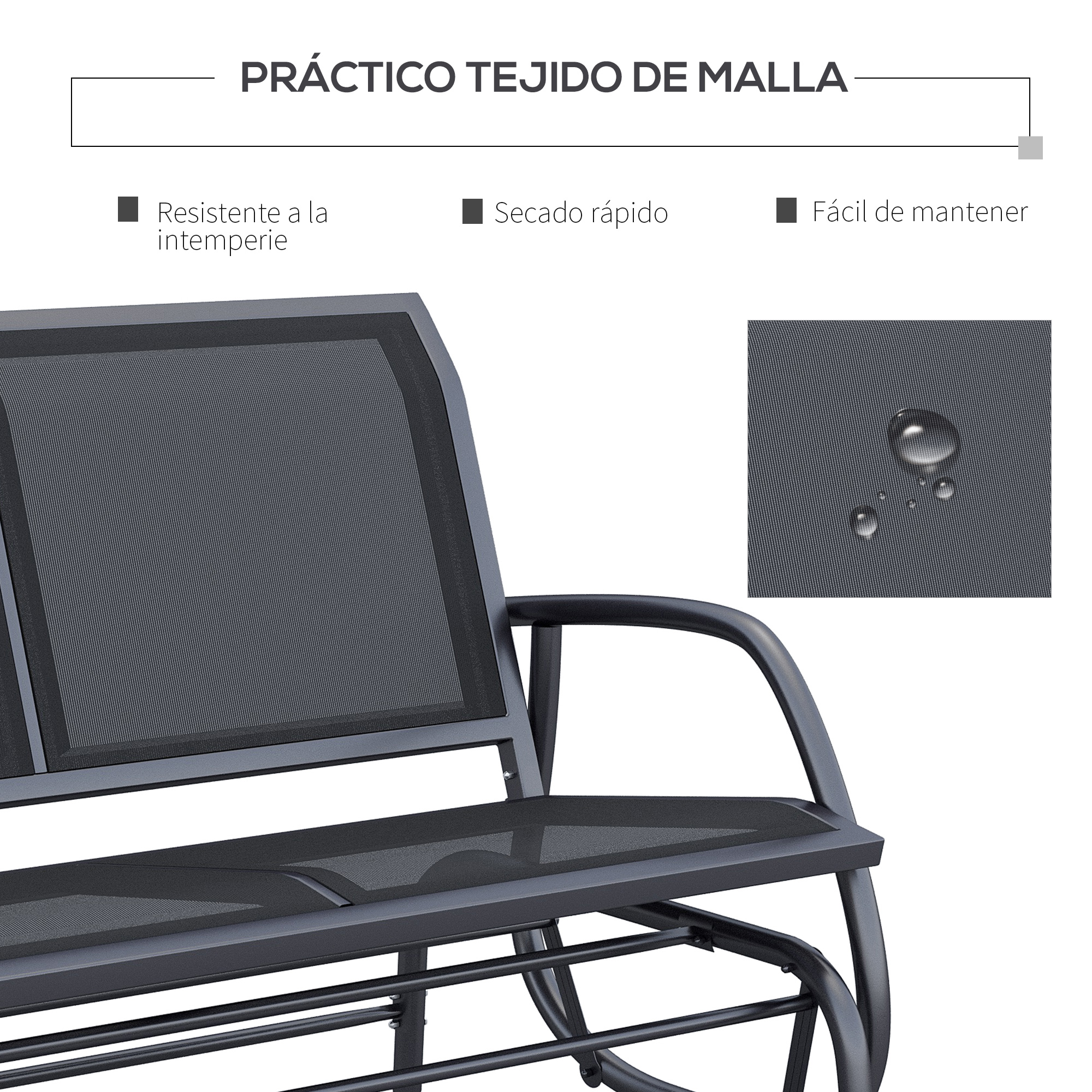 Silla de malla gris oscuro con marco de metal. Gotas de agua sobre la tela.