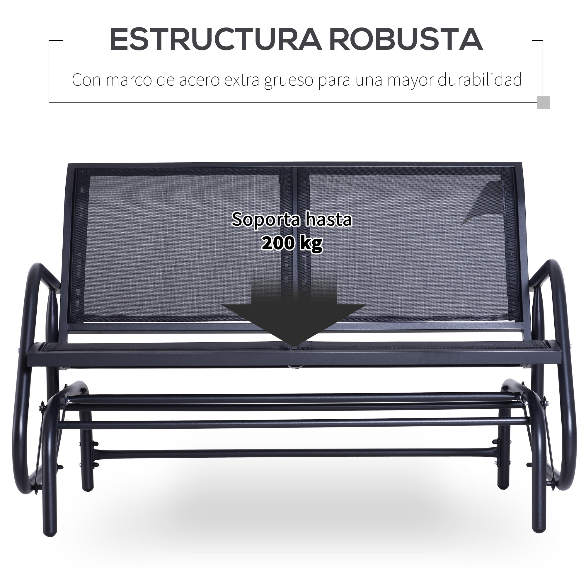 Un banco deslizante de metal negro con asiento de malla, soporta hasta 200 kg.