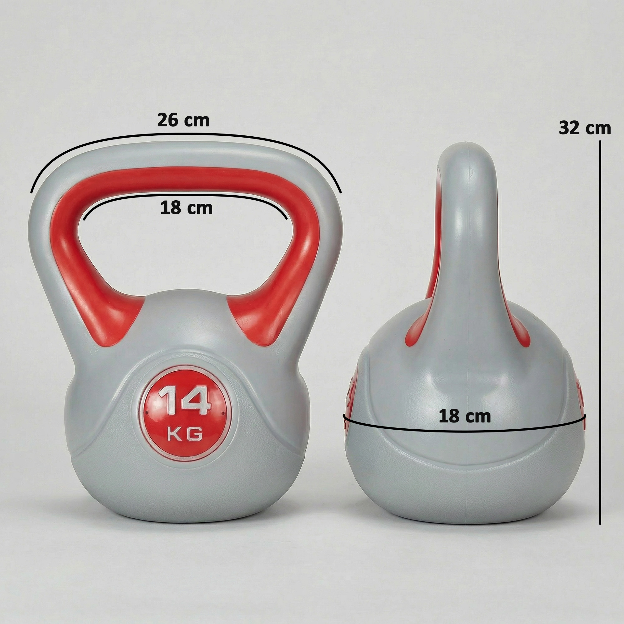 Pesa rusa gris de 14 kg con asa roja. Se muestran las dimensiones.