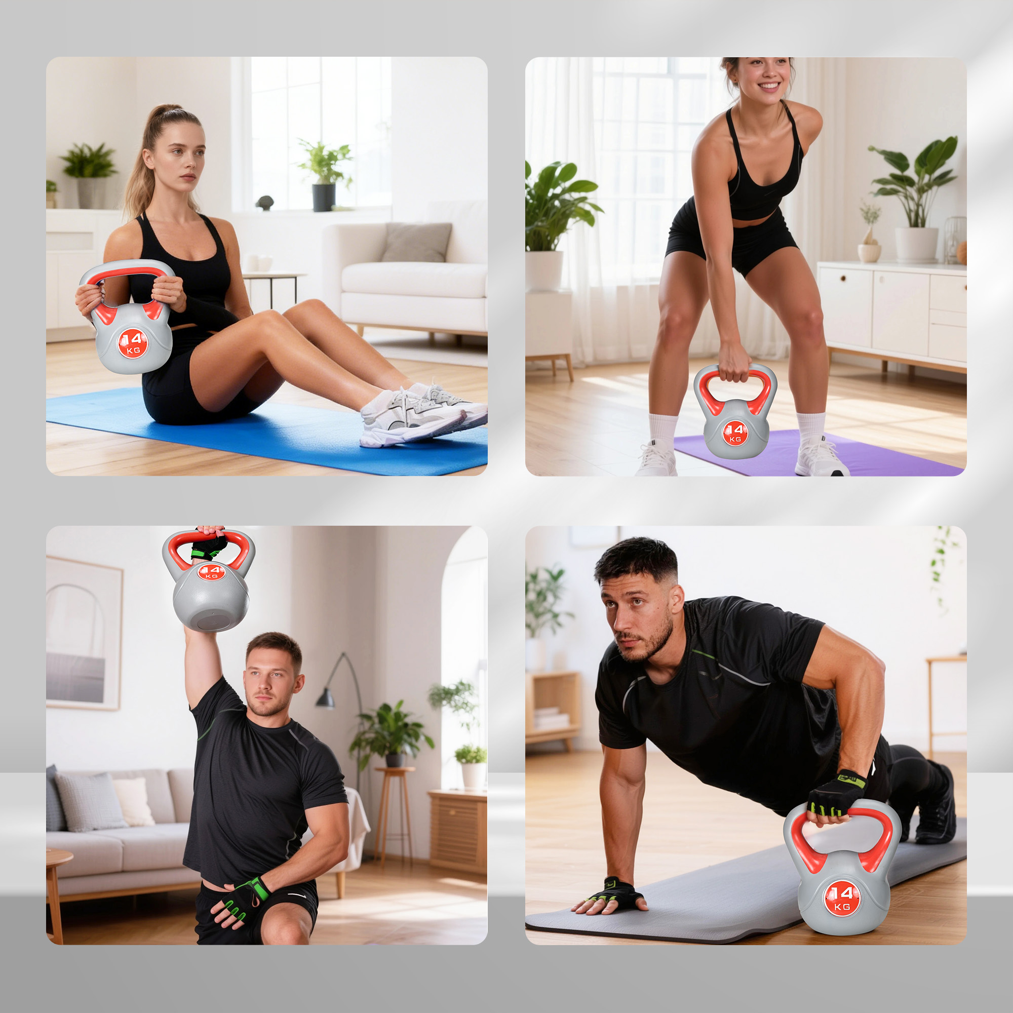 Mujer haciendo abdominales con pesa rusa, hombre levantando pesa rusa, hombre haciendo flexiones.