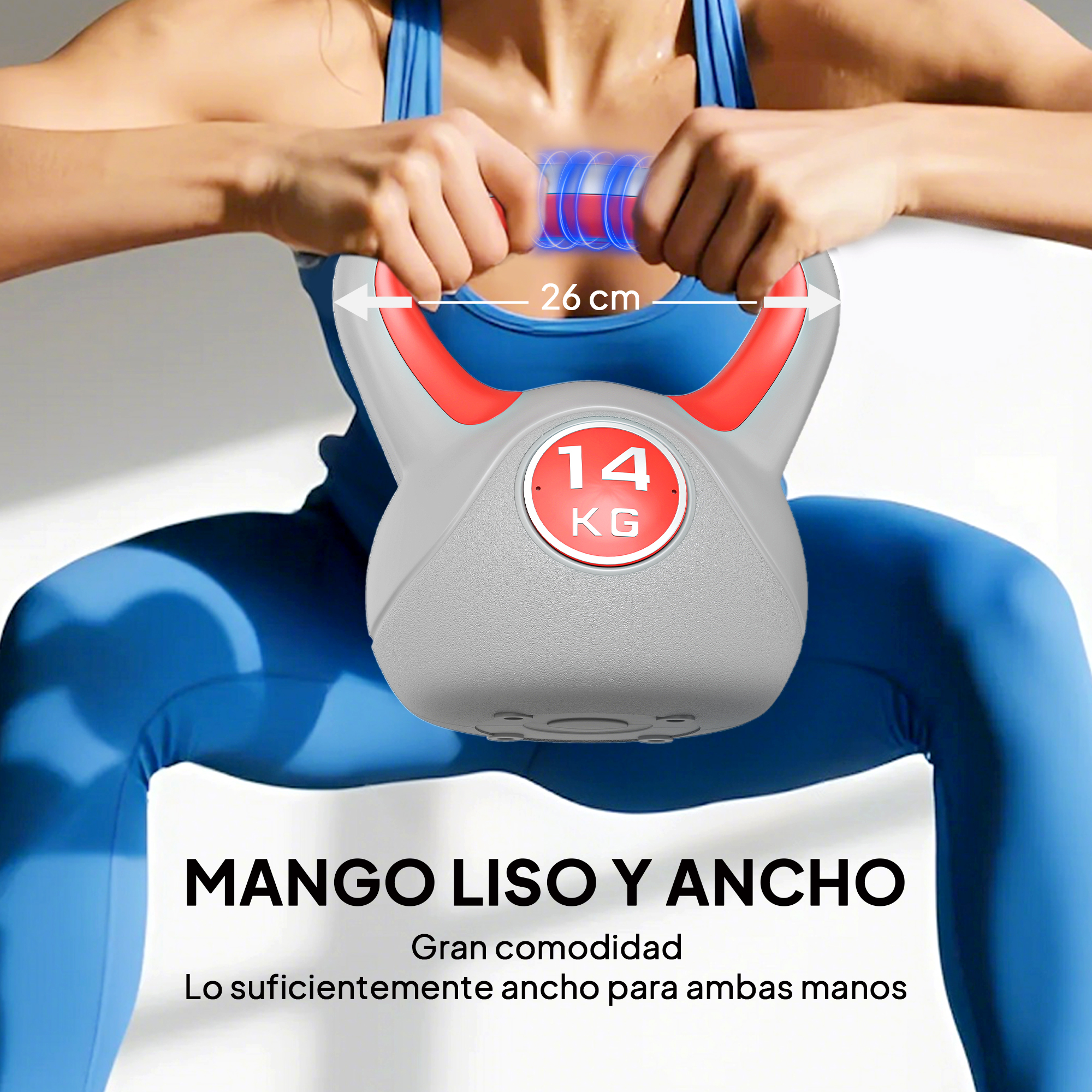 Una persona sostiene una pesa rusa de 14 kg con mango ancho y liso.