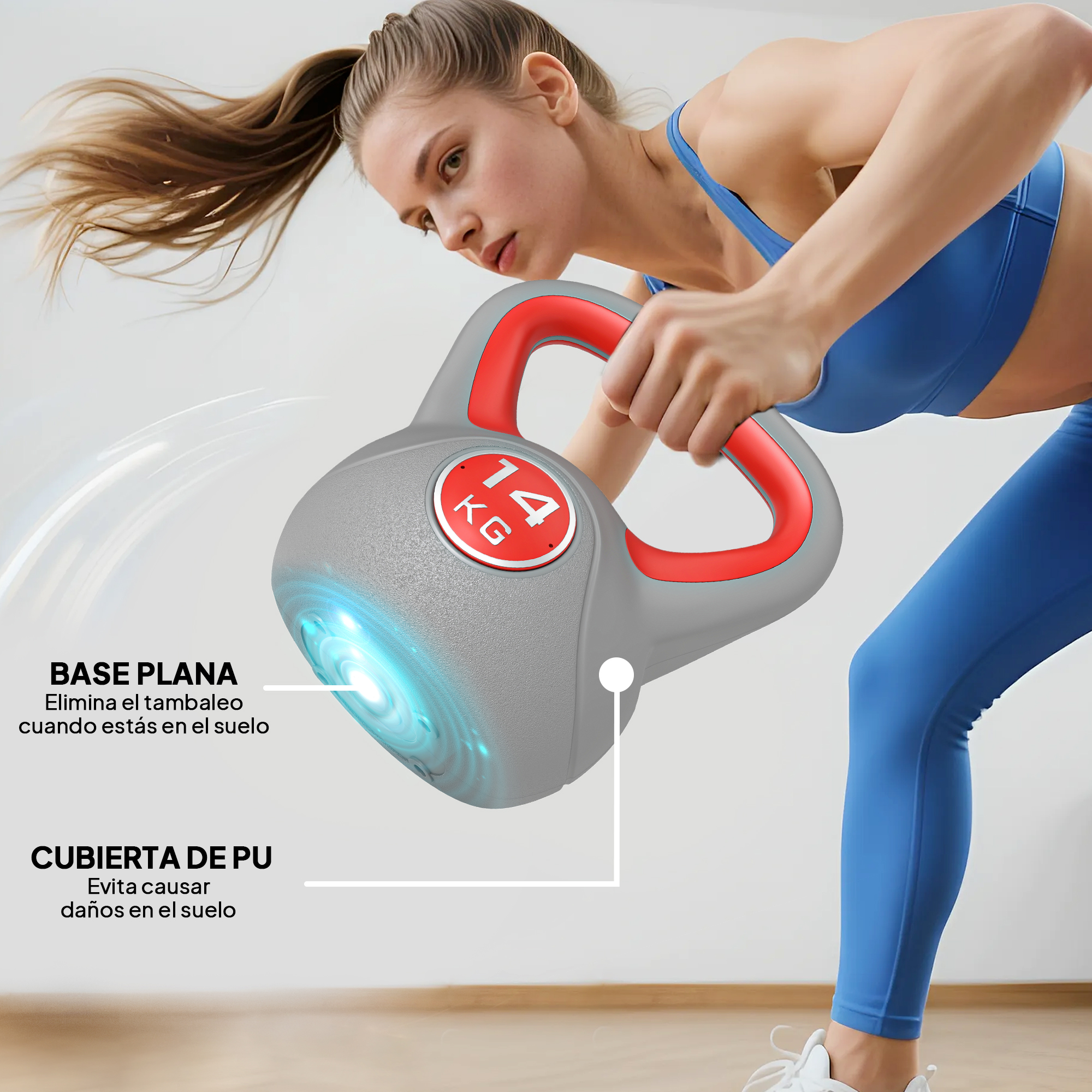 Mujer entrenando con pesa rusa de 14 kg con base plana y cubierta de PU.
