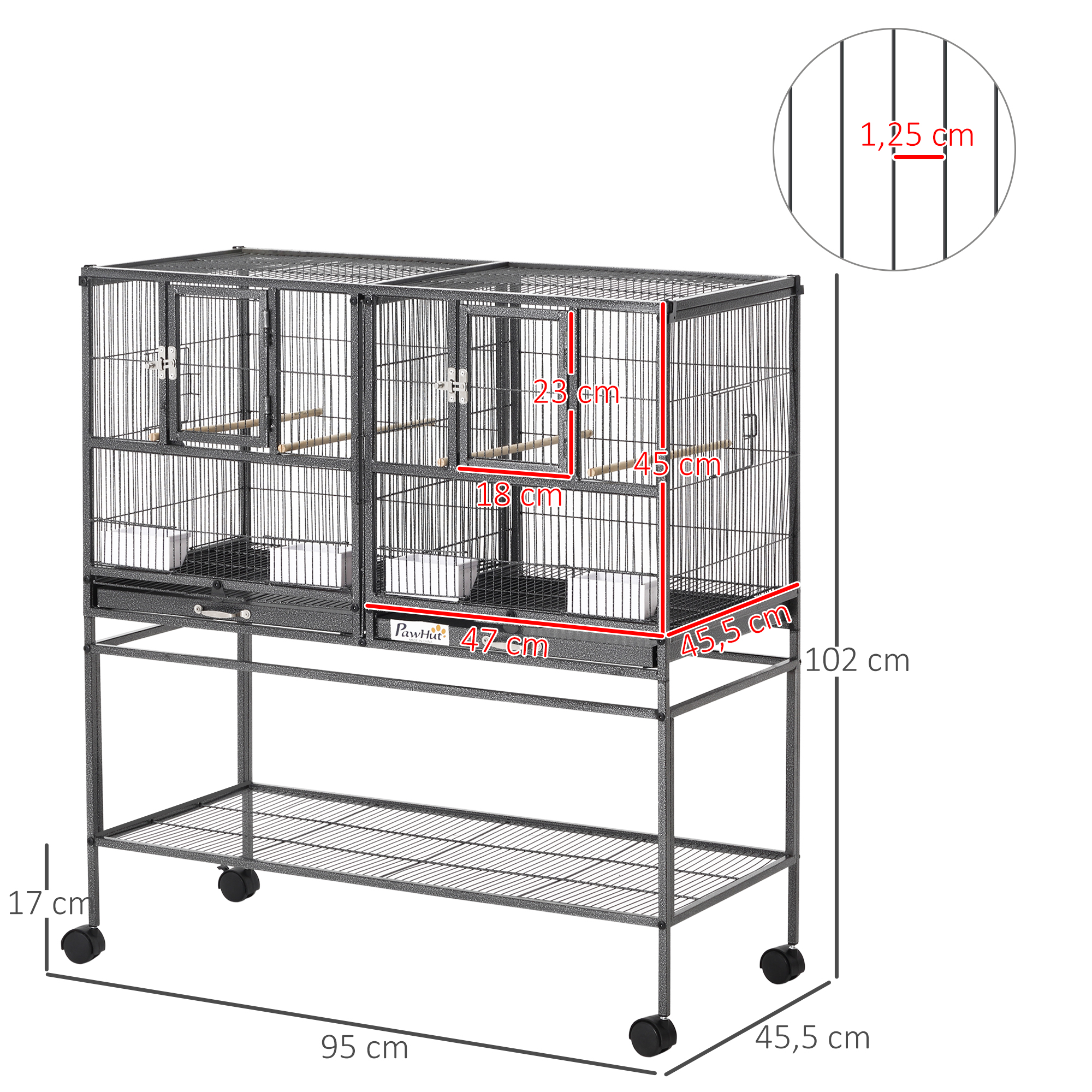 Una jaula para pájaros gris de varios niveles con ruedas y dimensiones.