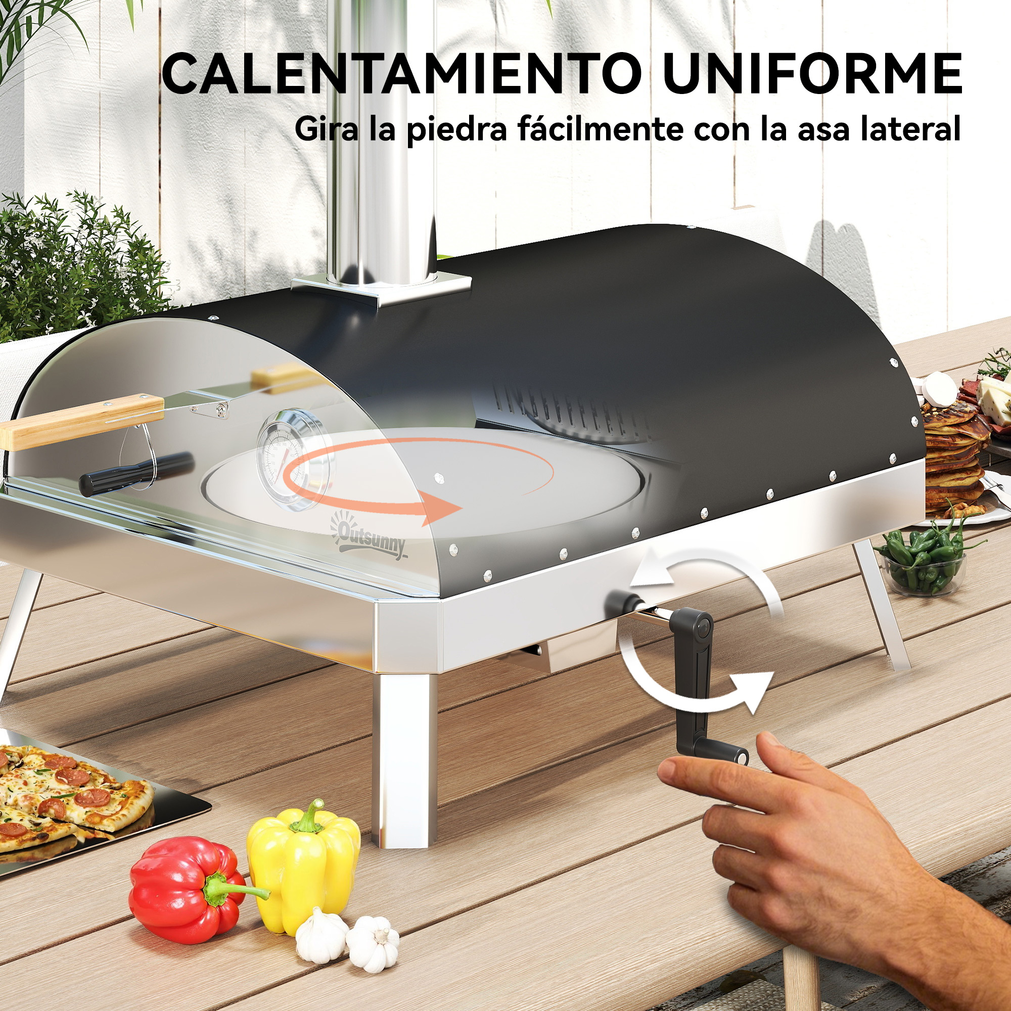Un horno de pizza de acero inoxidable con manivela lateral, junto a pimientos y ajos.