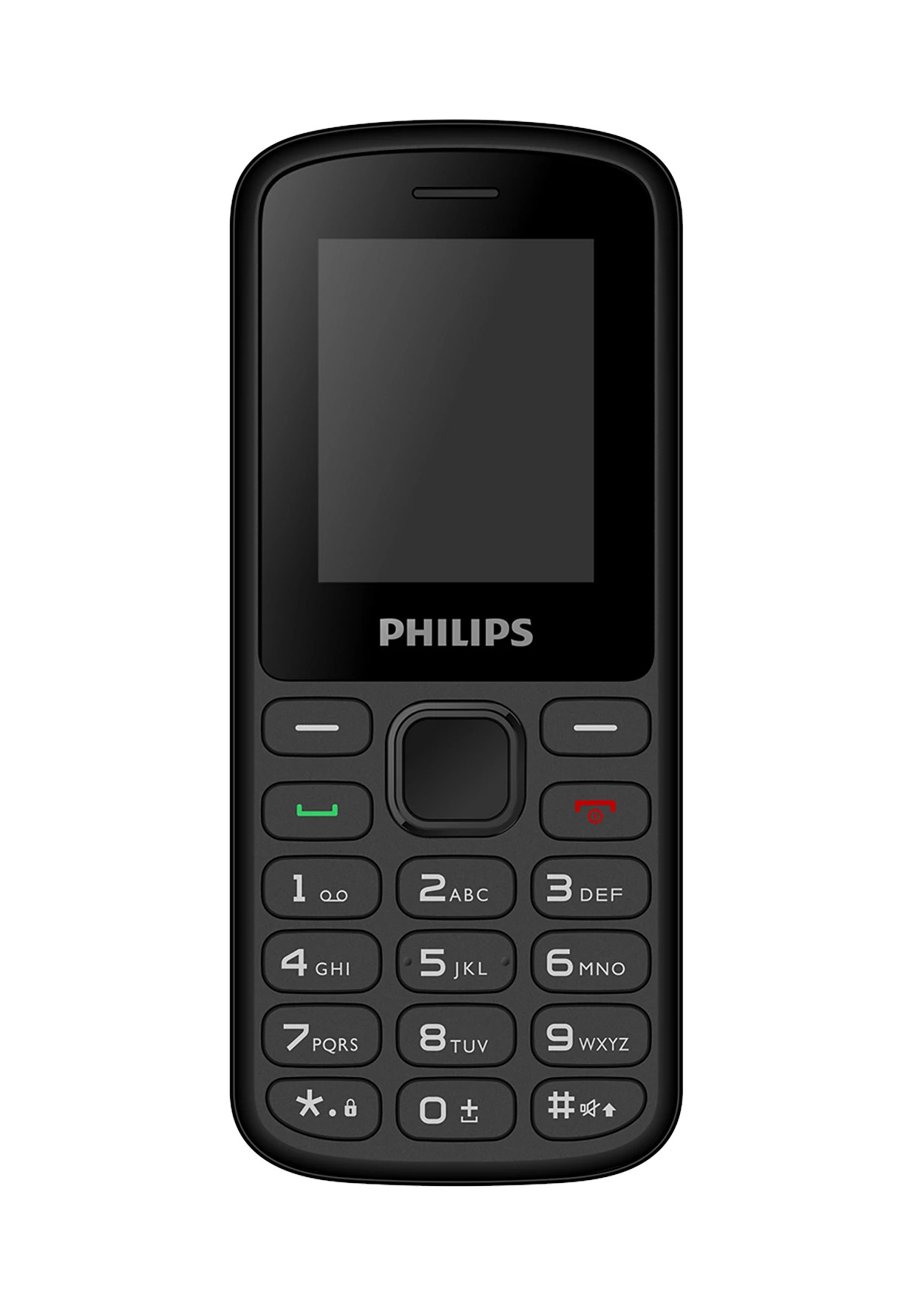 Koyu ekranlı ve tuş takımına sahip siyah bir Philips tuşlu telefon.