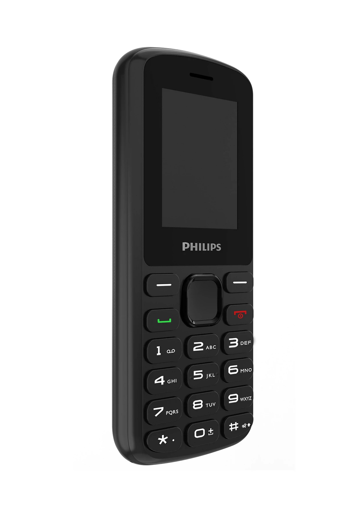 Siyah Philips cep telefonu tuş takımı ve ekranlı.