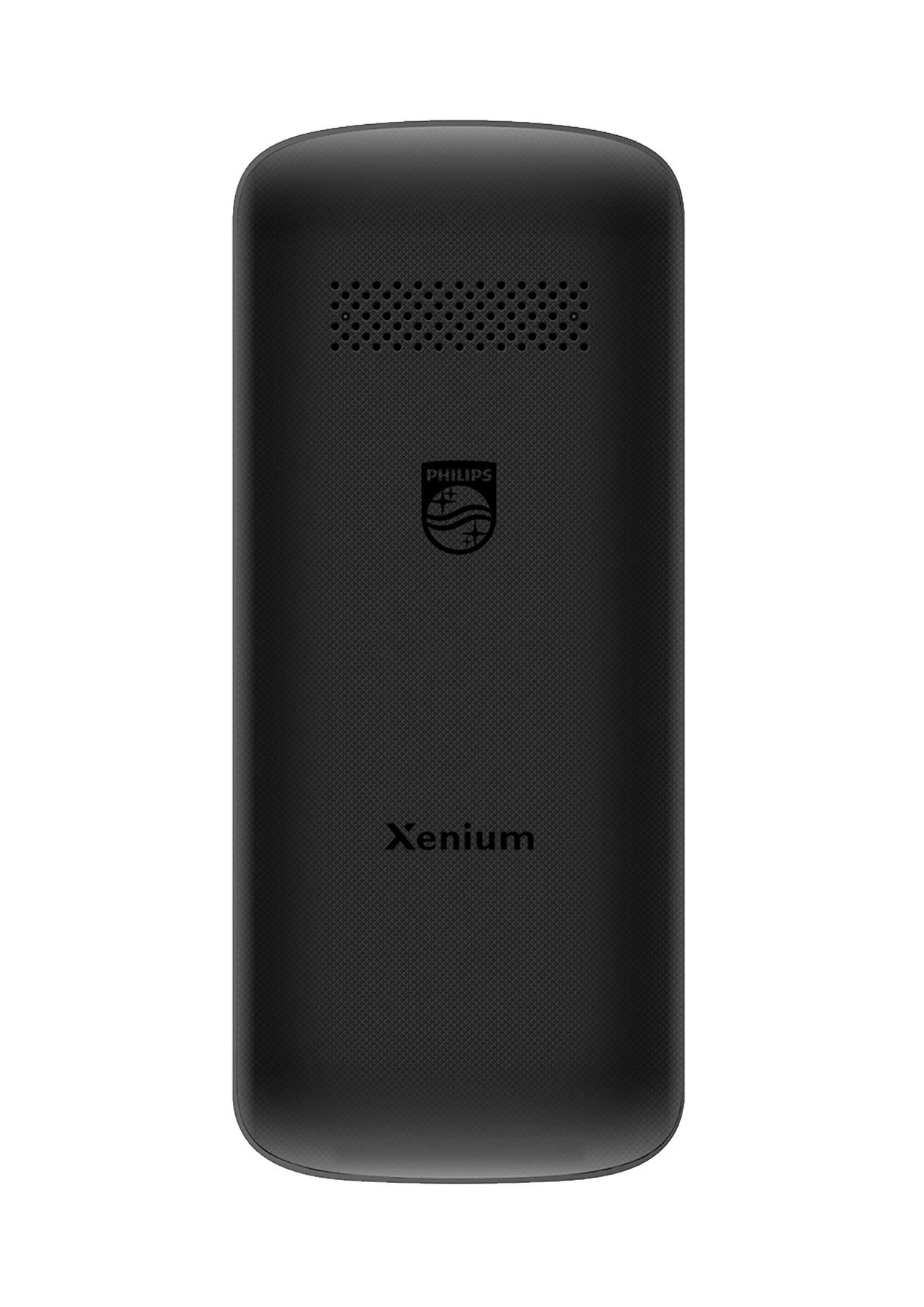 Siyah Philips Xenium telefonun arka yüzü, hoparlör ızgarası ve logosu görünüyor.