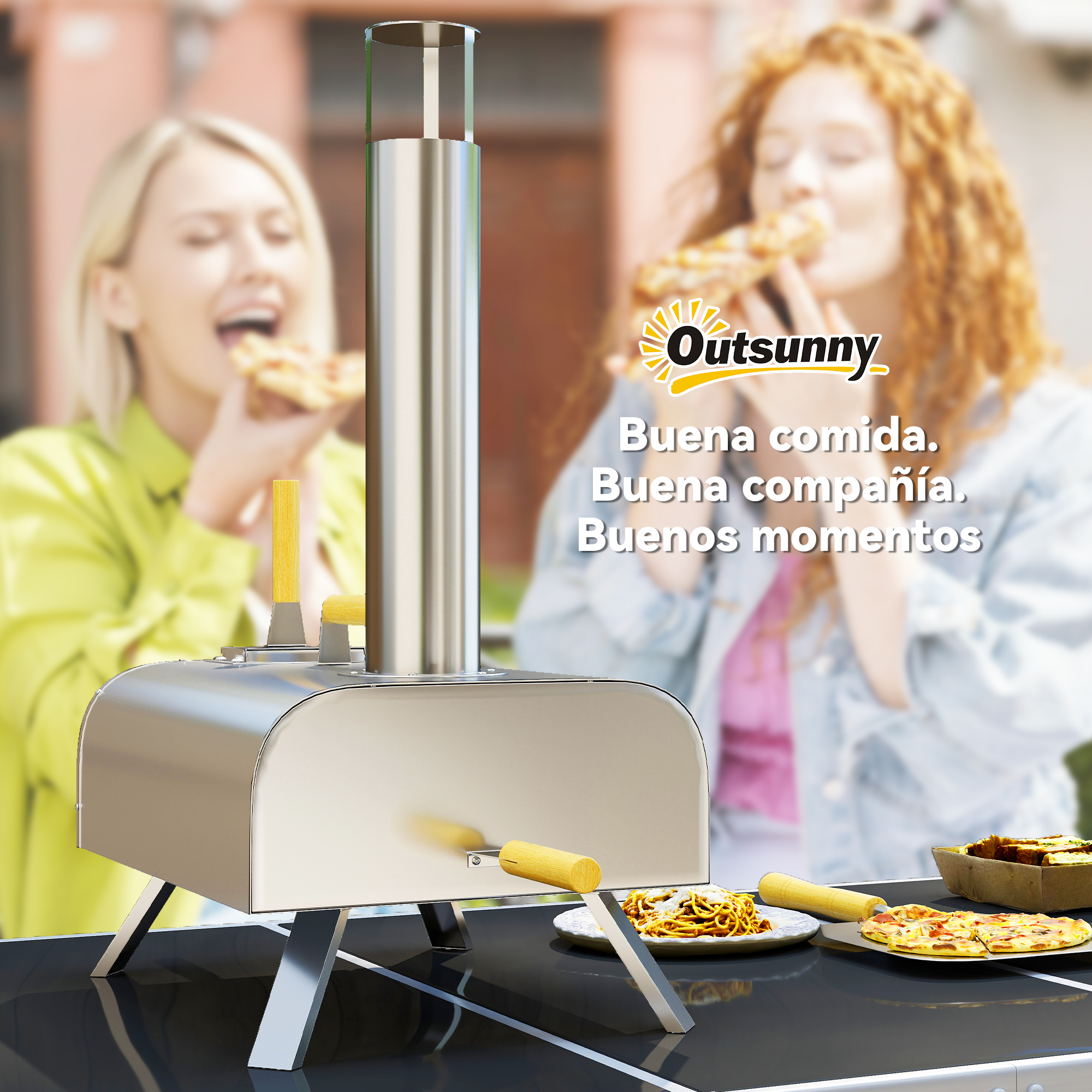 Un horno de pizza de acero inoxidable en primer plano. Dos mujeres disfrutan pizza al fondo.