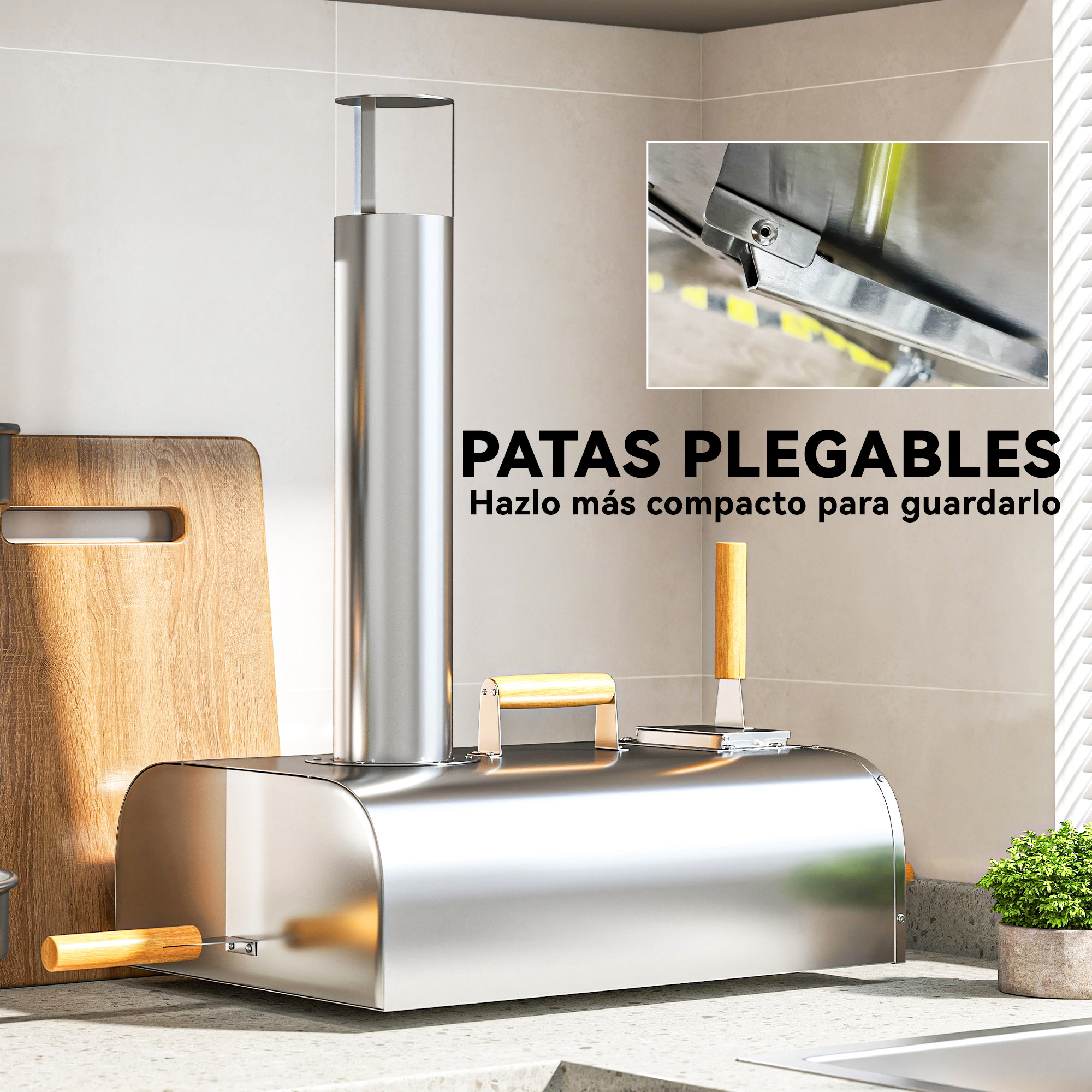 Horno de pizza de acero inoxidable con asas de madera en encimera.
