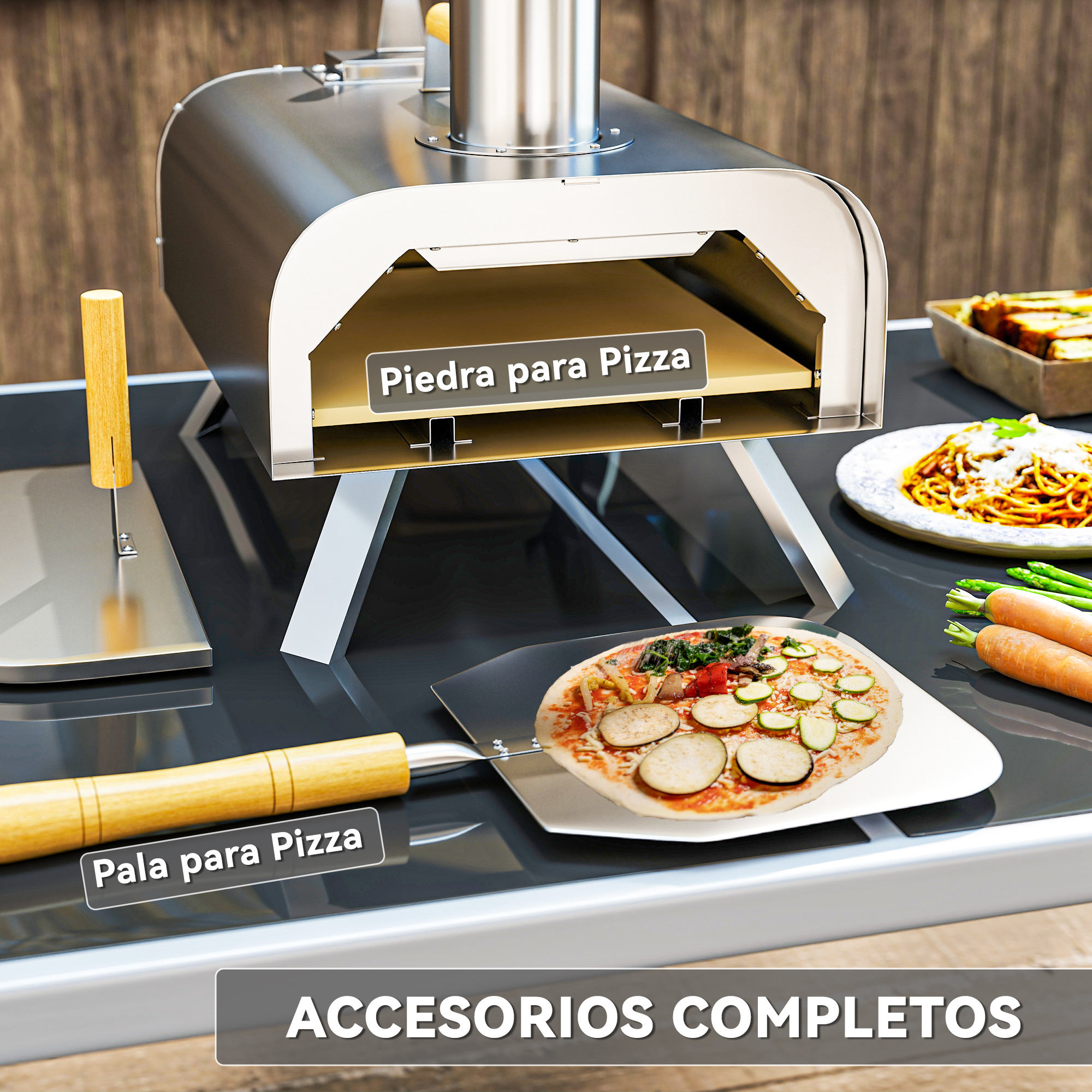 Un horno para pizza con accesorios, pizza y guarniciones.