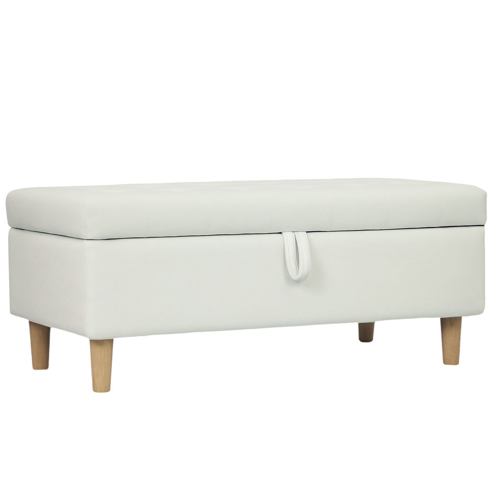 Un banco de almacenamiento blanco con cuatro patas de madera y un tirador en U.