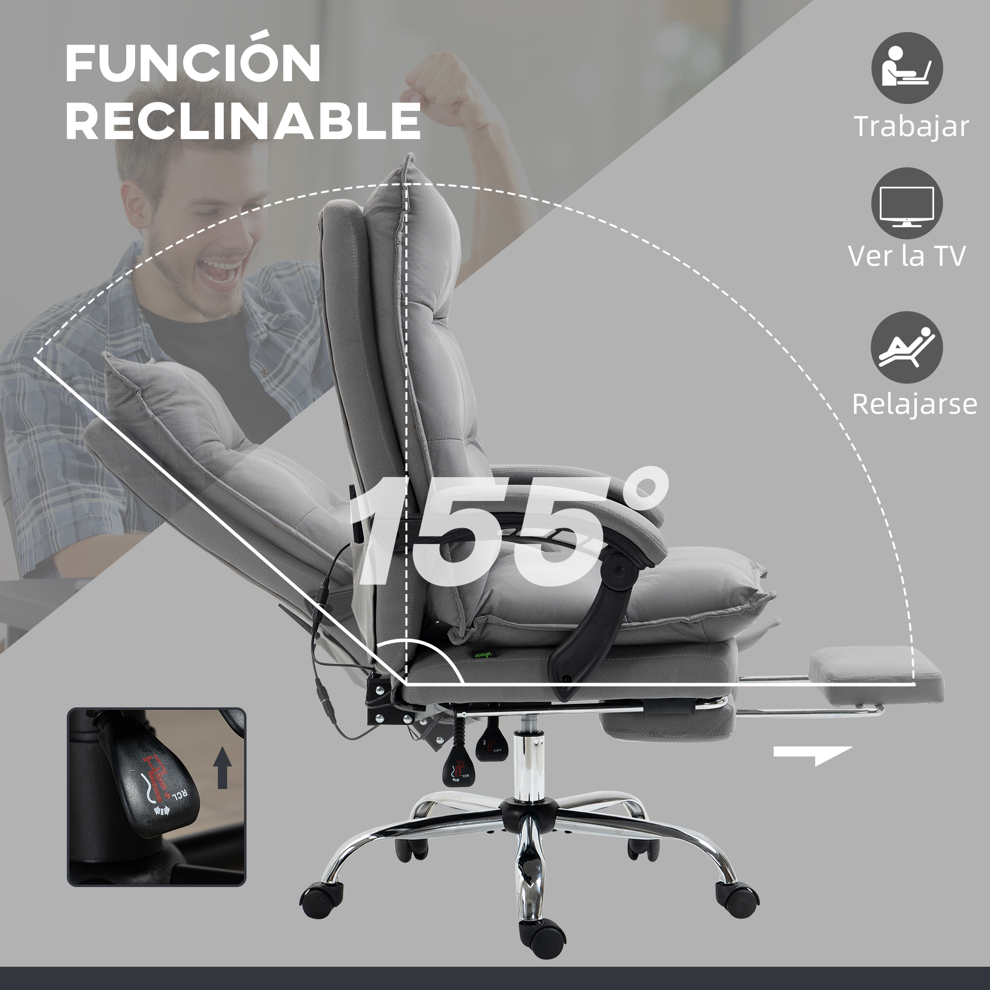 Silla de oficina gris con reposapiés extendido, reclinación 155° y hombre detrás.