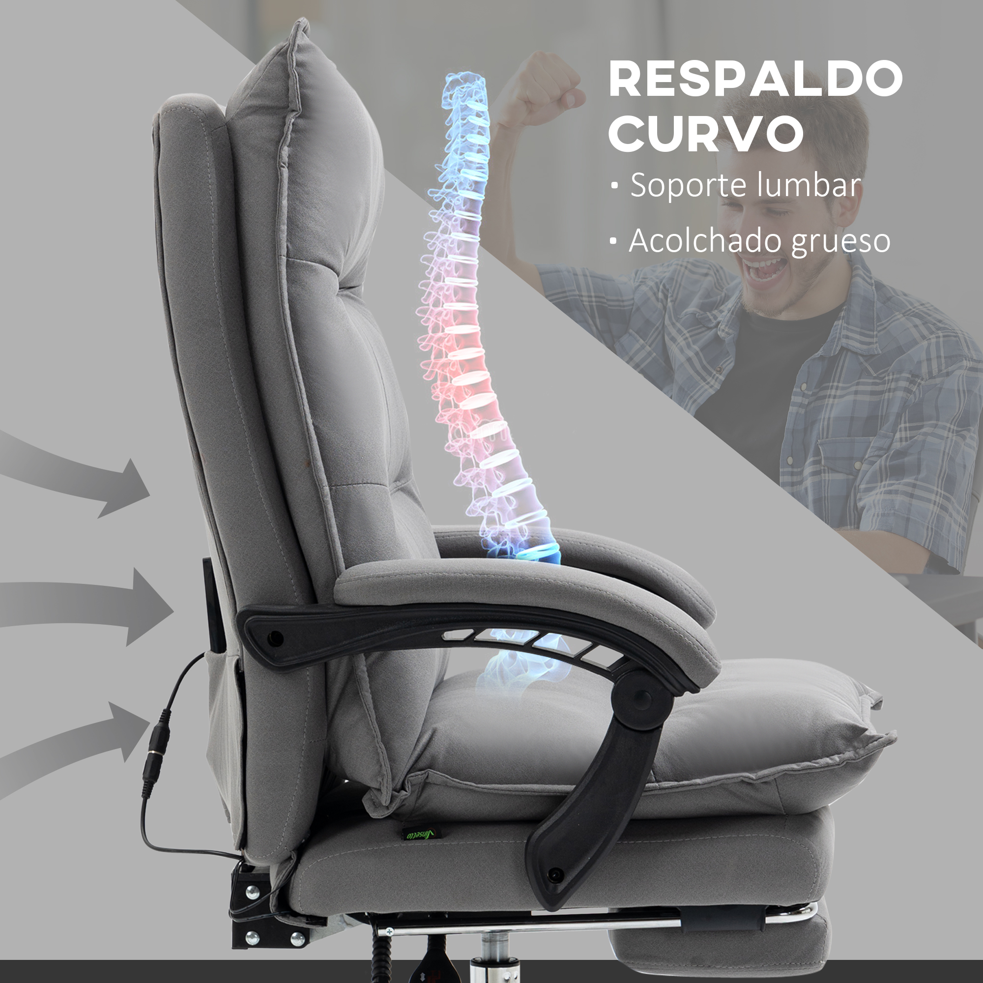 Silla de oficina gris con pantalla detallada de columna y hombre feliz detrás.