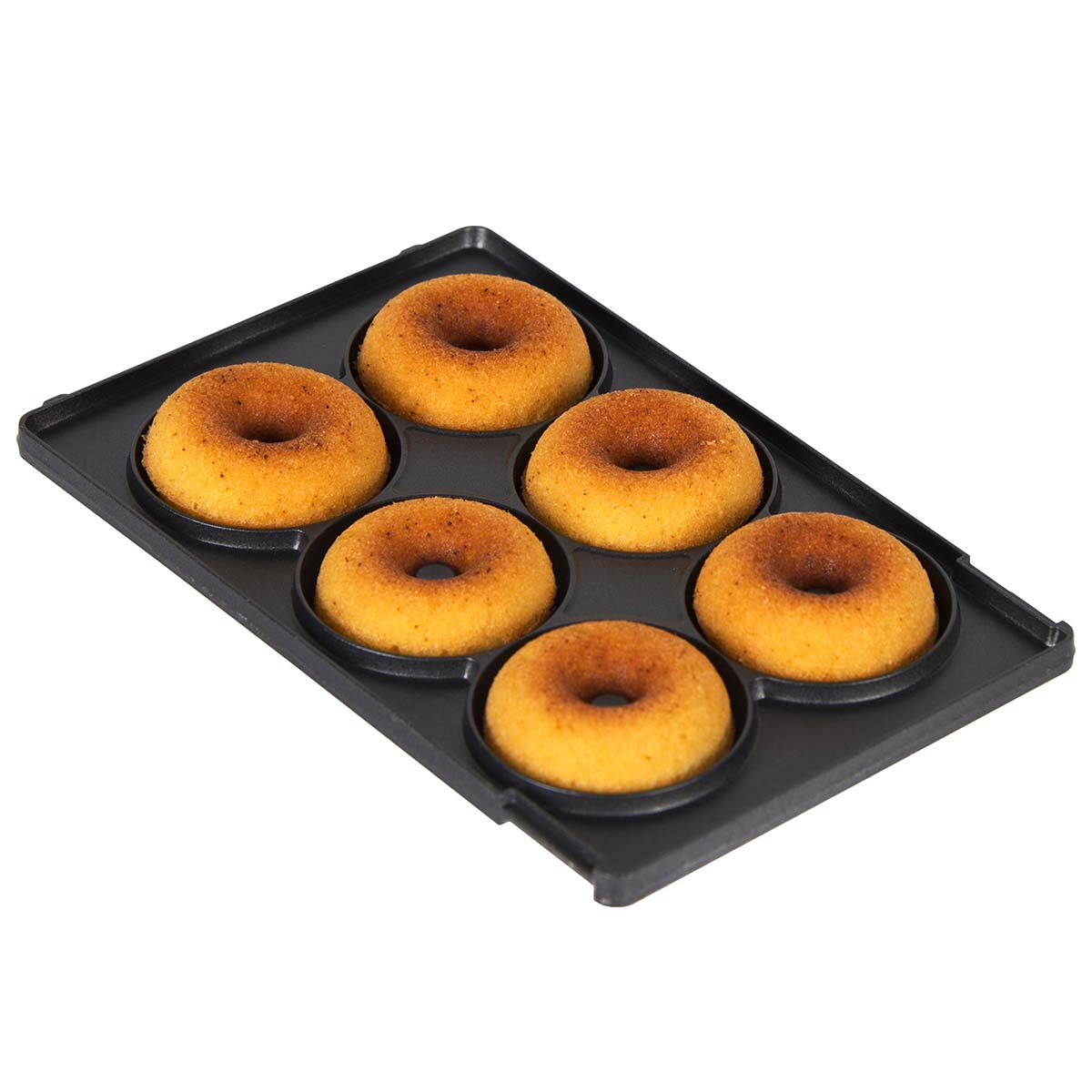 Six golden-brown donuts rest in a black donut pan.